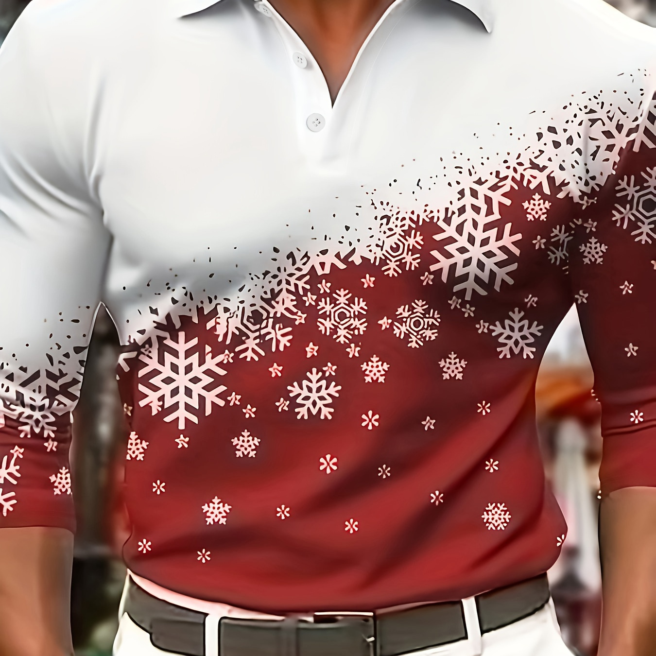 

Chemise polo de neige décontractée pour homme - Tissu tricoté en polyester 100% avec légère élasticité, col cheminée, détail bouton, coupe régulière, motif de Noël 3D pour toutes les