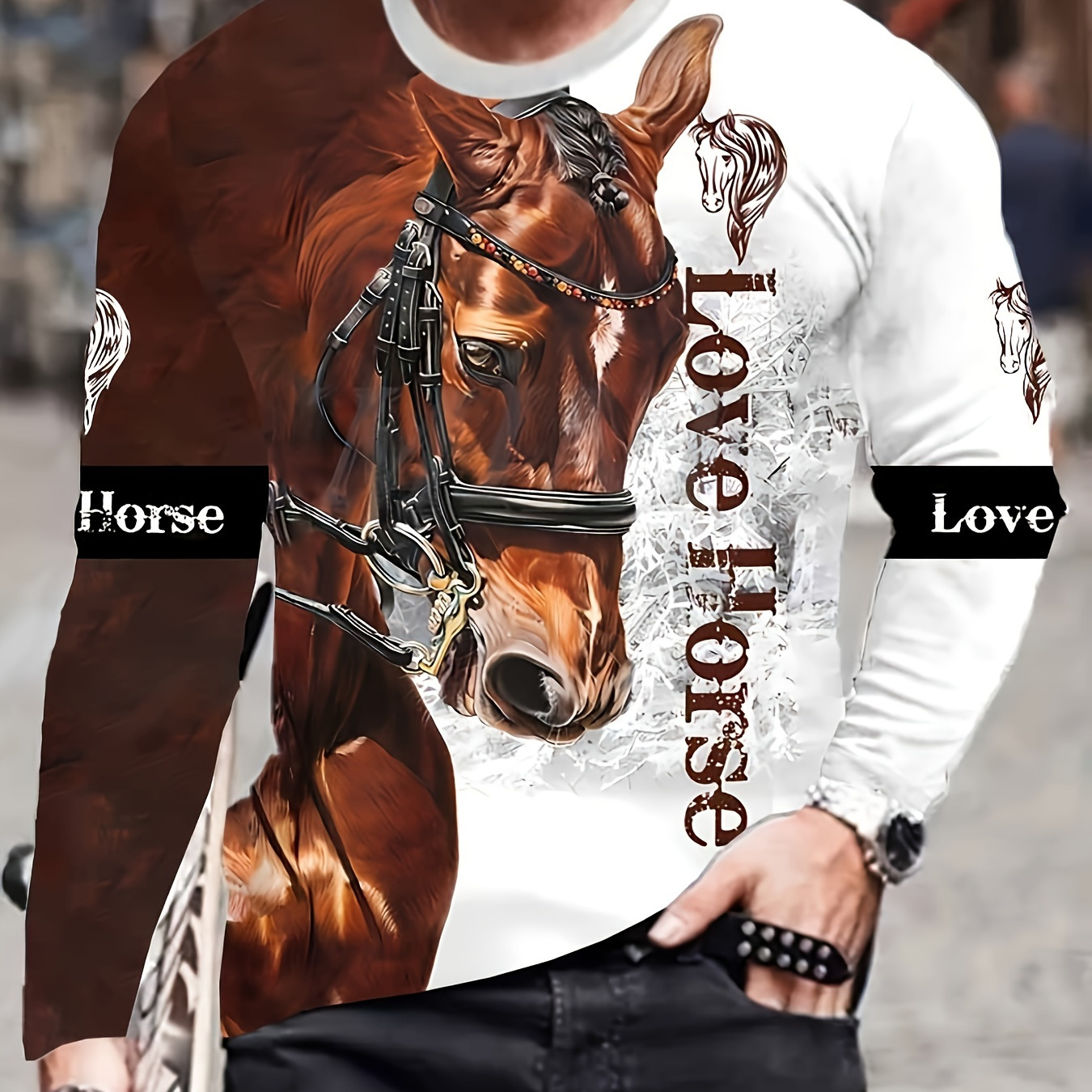 

Men's Long Sleeve Horse Print T-shirt - 100% Polyester, Crew Neck, Stretch, Mature Style, Casual & Sportswear For Spring/fall - Universal Fit Tops For Outdoor Activities &