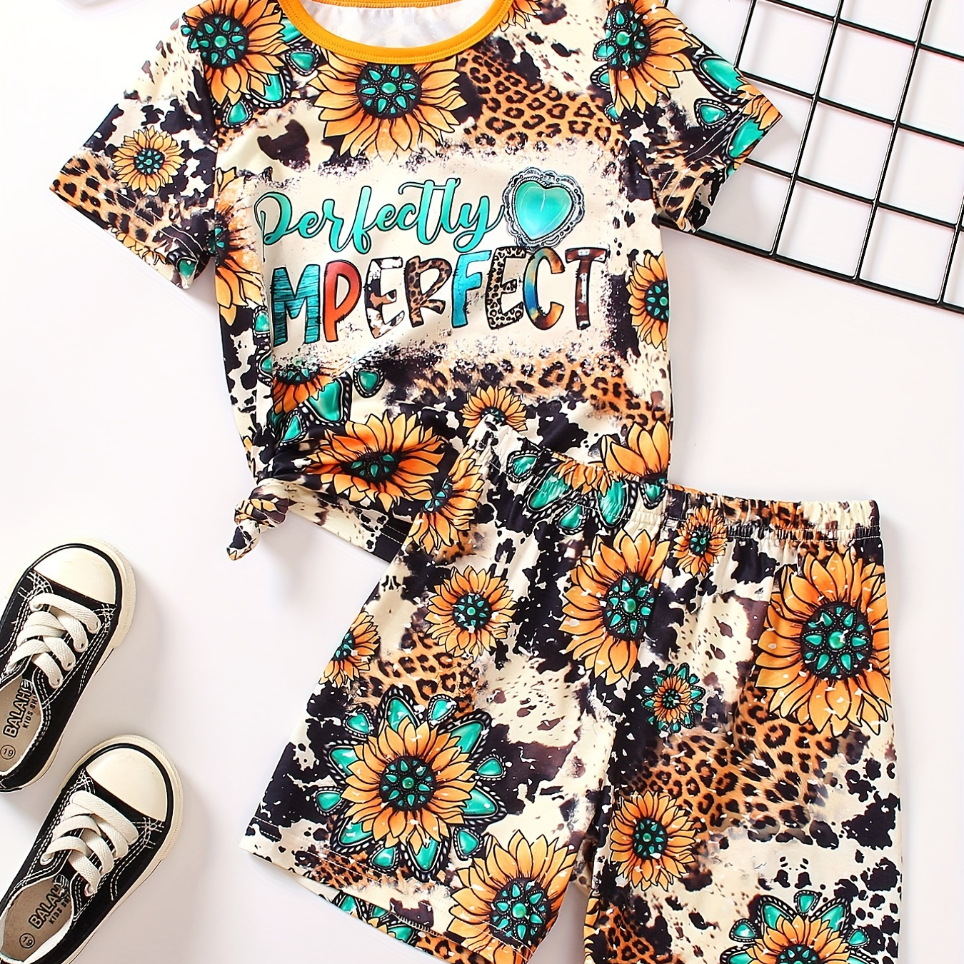 Girls 2pcs T-shirt & Elastic Waist Shorts PERFECTLY IMPERFECT Sunflower Print Crew Neck Short Sleeve Tee Top Casual Kids Clothes Summer