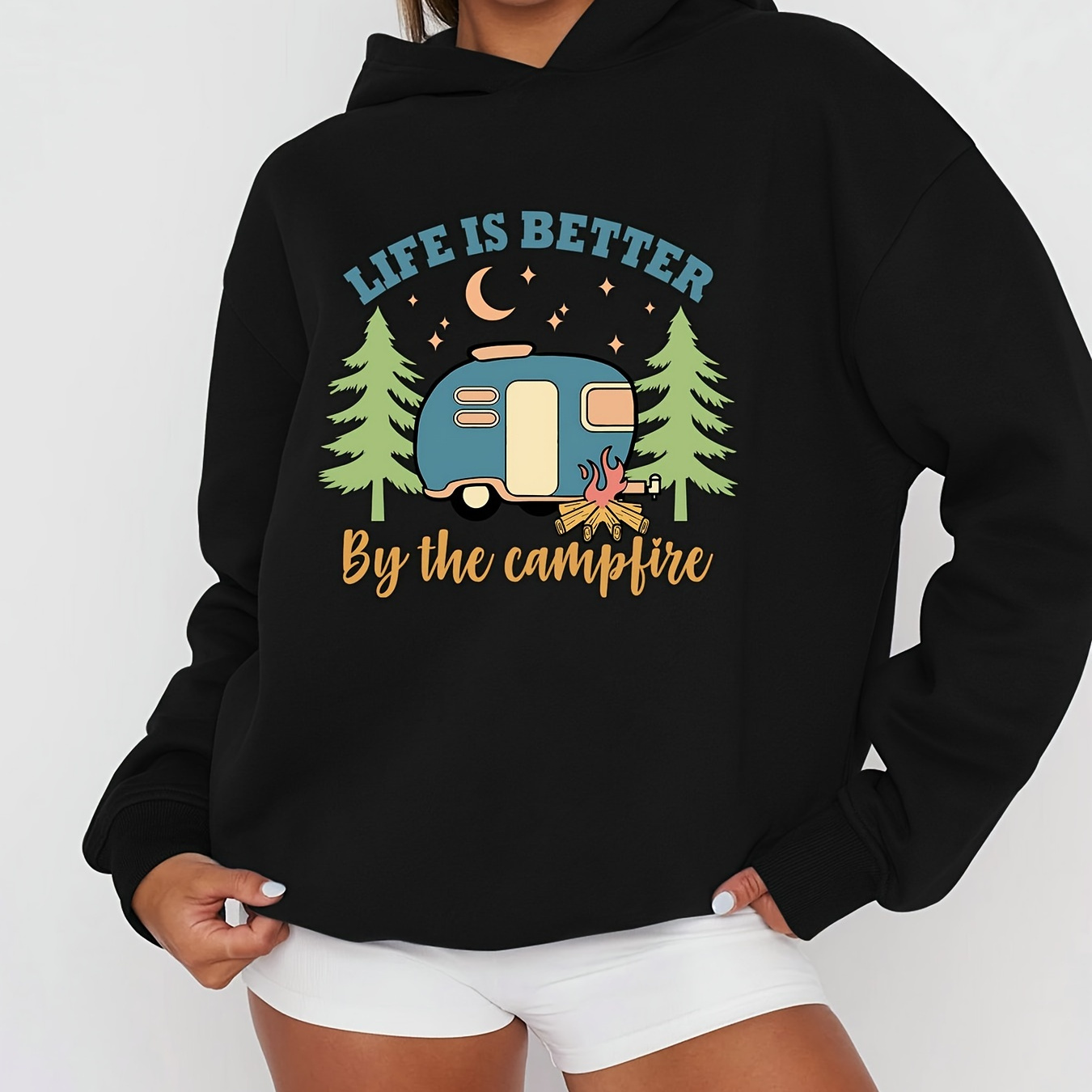 

Casual Polyester Hoodie With Rib-knit Detail - Women's Graphic Pullover With Camping Slogan, Cozy Knit Fabric Hooded Sweatshirt For Fall/winter