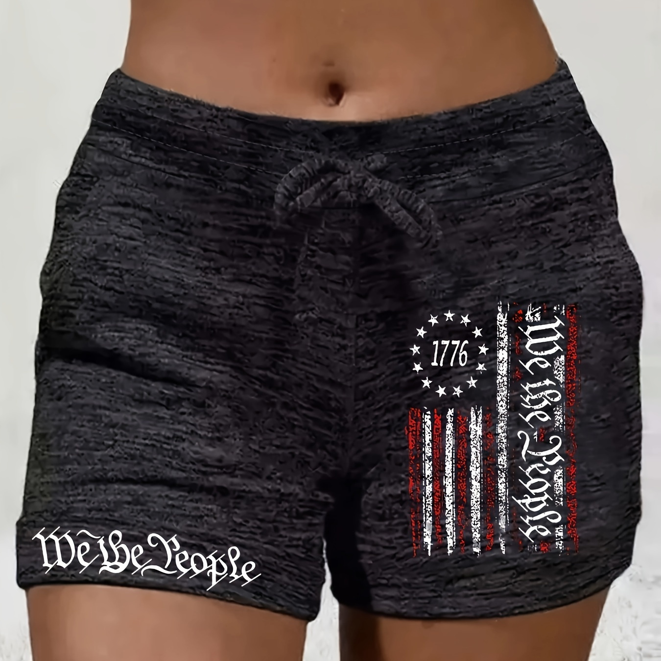 

Flag Graphic Print Drawstring Waist Shorts, Casual Skinny Shorts For Spring & Summer, Women's Clothing