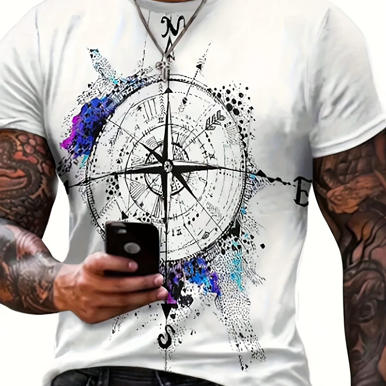 

Compass Print Tee Shirt, Tees For Men, Casual Short Sleeve T-shirt For Summer