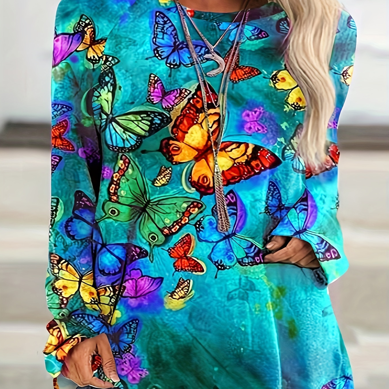 

Plus Size Casual Top, Women's Plus Butterfly Print Long Sleeve Round Neck Slight Stretch Tunic Top