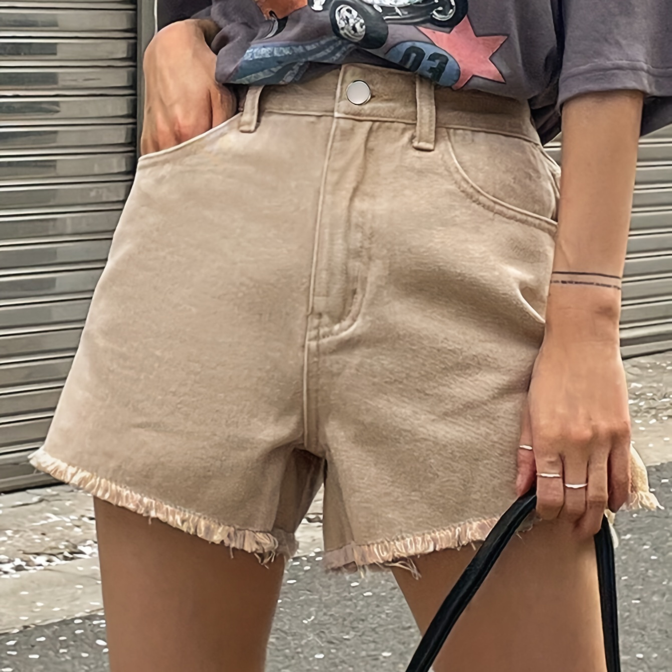 

Women's Plain High-waisted Denim Shorts With Frayed Hem, Side Slit, And Slash Pockets, Sexy Fashion Jean Shorts For Ladies