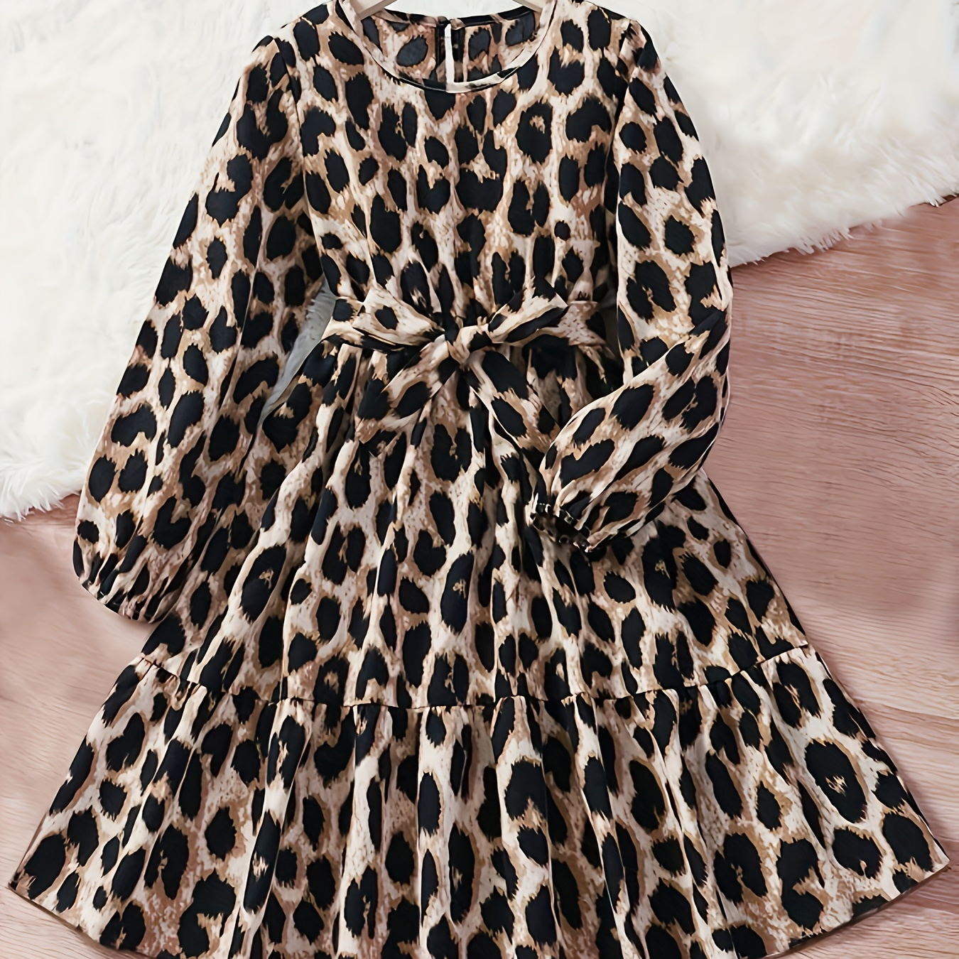 

Girl's Stylish Leopard Dress Long Sleeve Ruffle Hem Midi Dresses