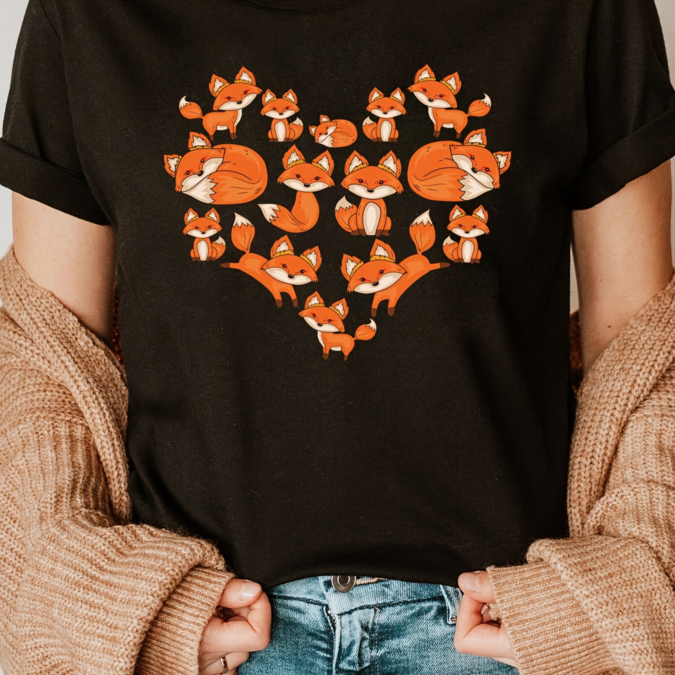 

Fox Print Crew Neck T-shirt, Short Sleeve Casual Top For Summer & Spring, Women's Clothing