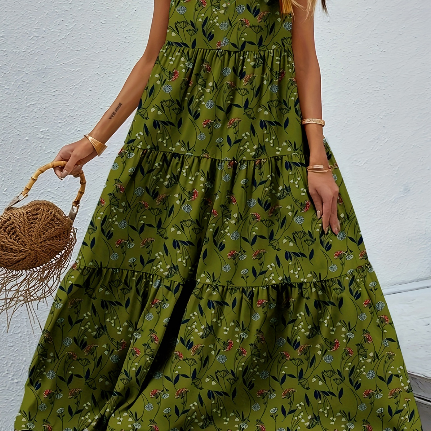 

Floral Print V Neck Loose Tank Dress, Vacation Sleeveless Ruffle Hem Dress For Spring & Summer, Women's Clothing