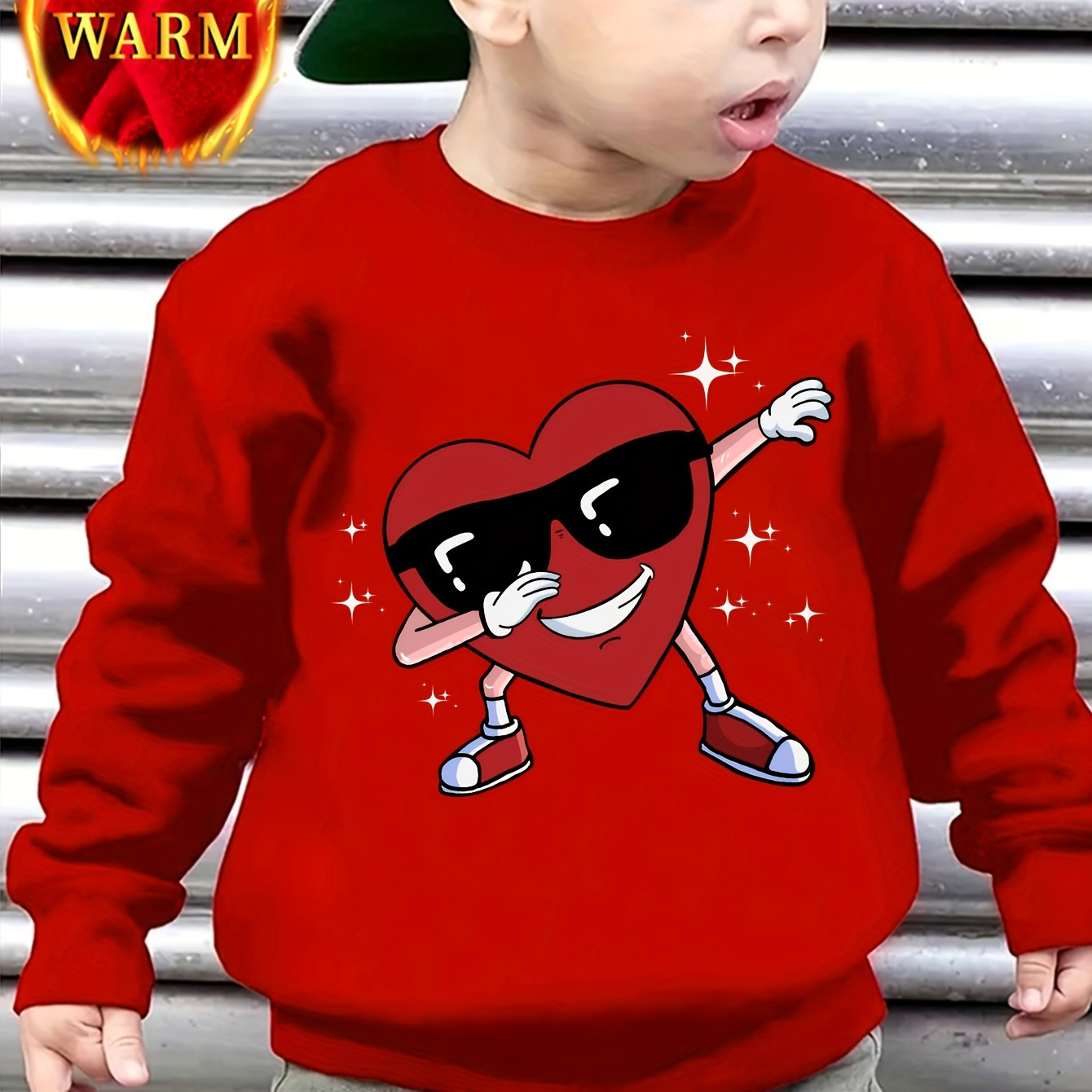 

Valentine's Day Boys' Cozy Fleece-lined Sweatshirt With Fun Heart Print - Casual Round Neck Pullover For Fall & Winter