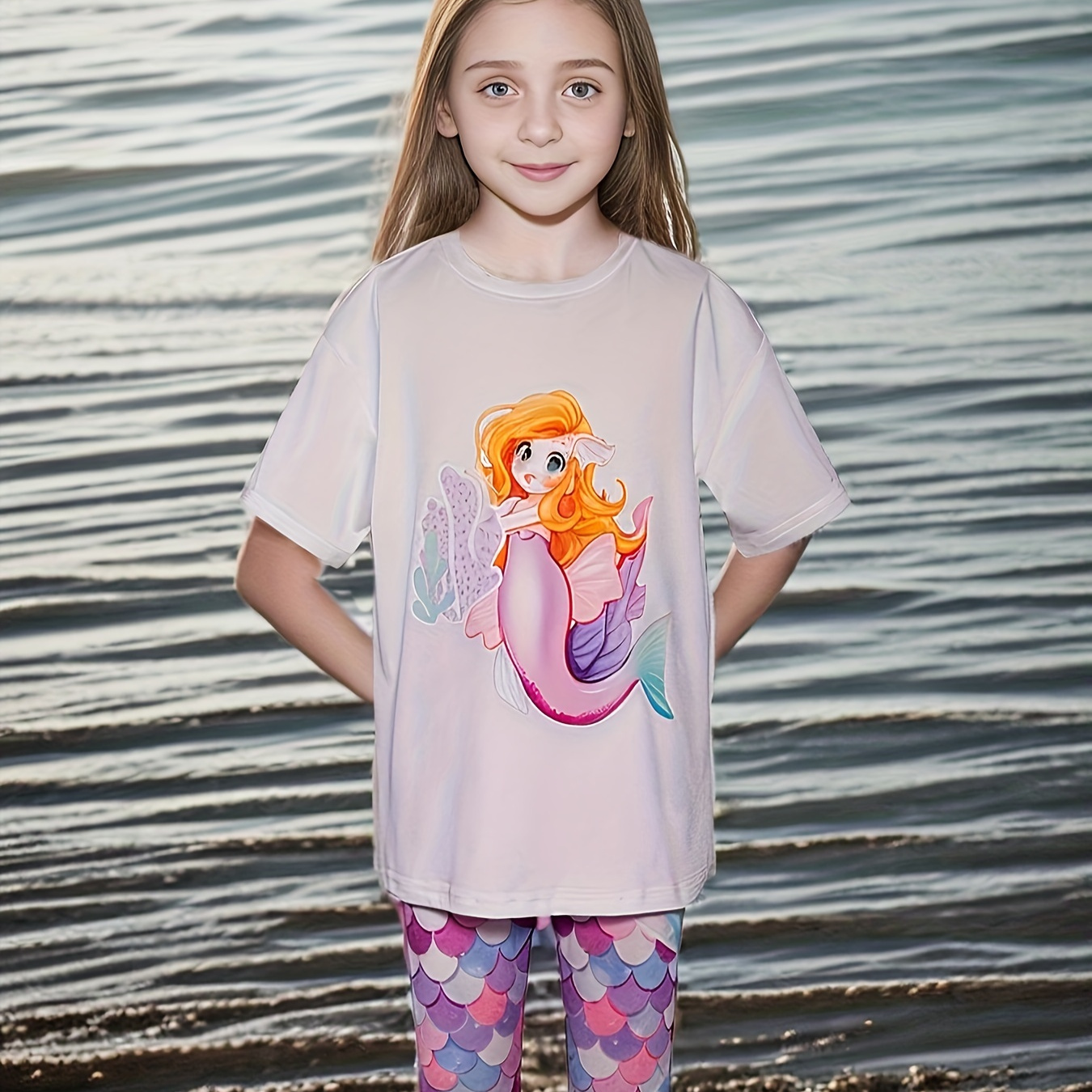 女の子用2点セット人魚プリントカートゥーン半袖Tシャツ＋魚の鱗柄 