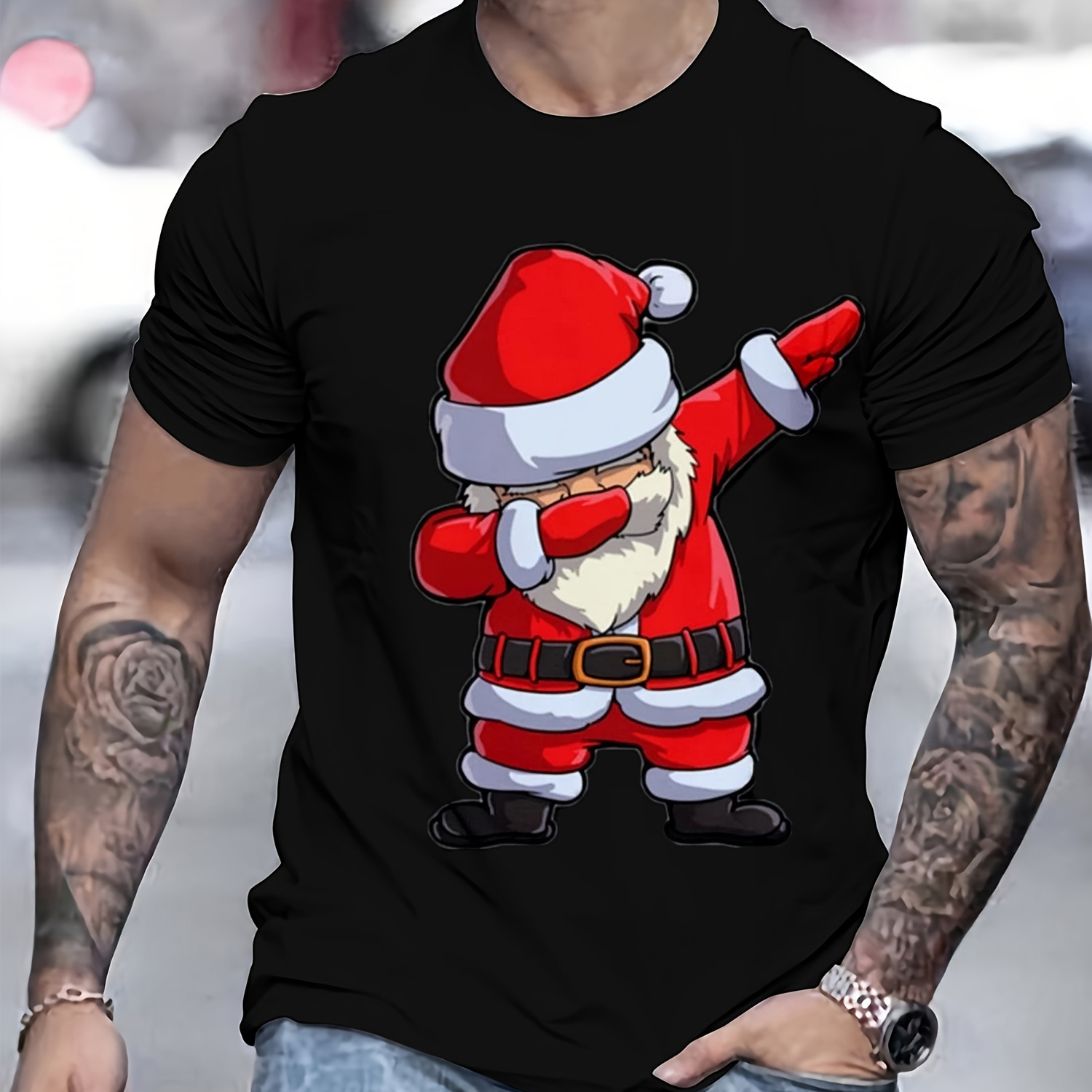 

Santa Claus Print Pure Cotton Round Neck Men's T-shirt Short Sleeved Christmas Gift