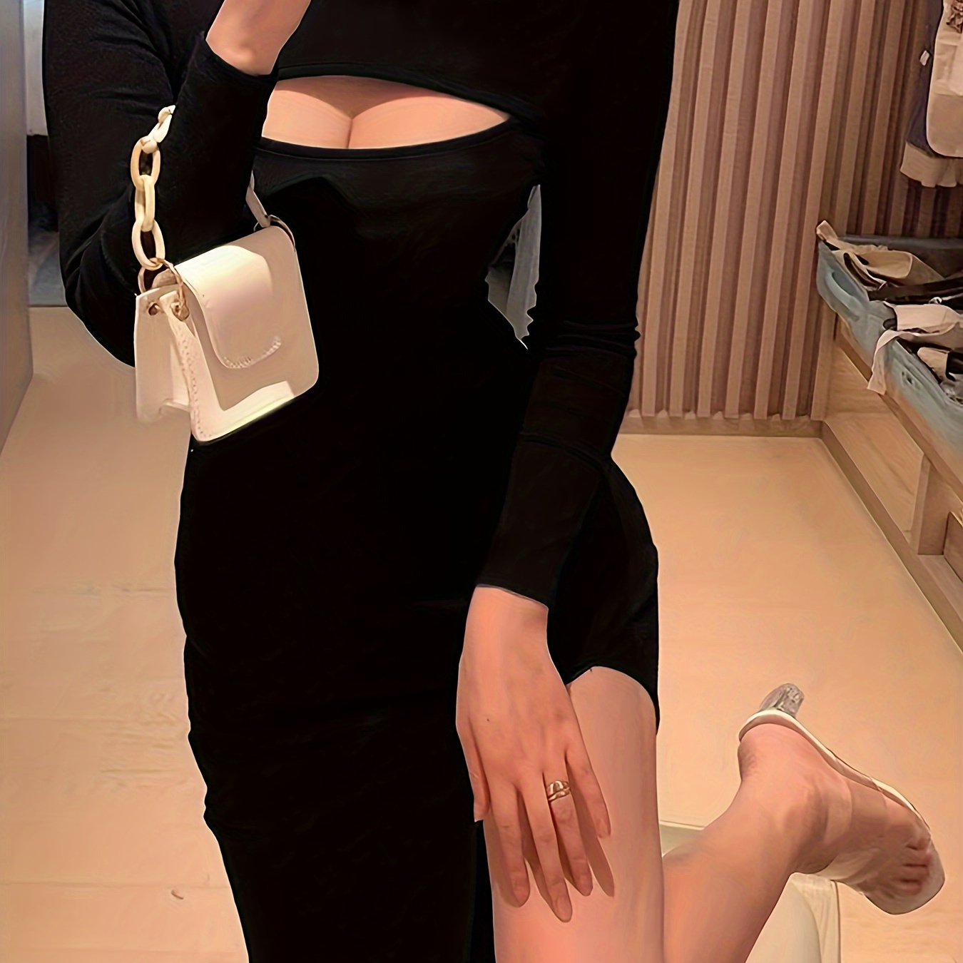 

Cut Out Slim Split Hem Dress, Elegant Long Sleeve Dress For Spring & Fall, Women's Clothing