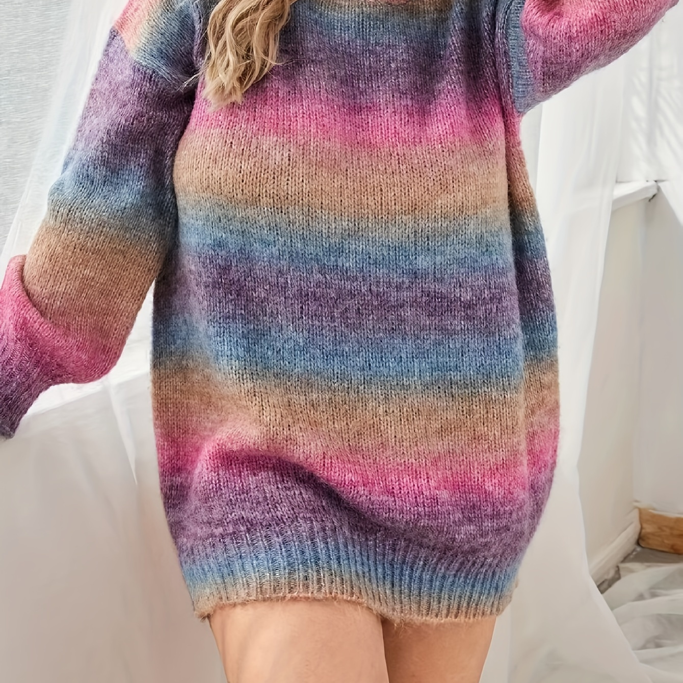 

Women's Plus Size Ombre Sweater, Acrylic 100 Neck Pullovers, Casual Knit Fabric With Stretch For Fall/winter