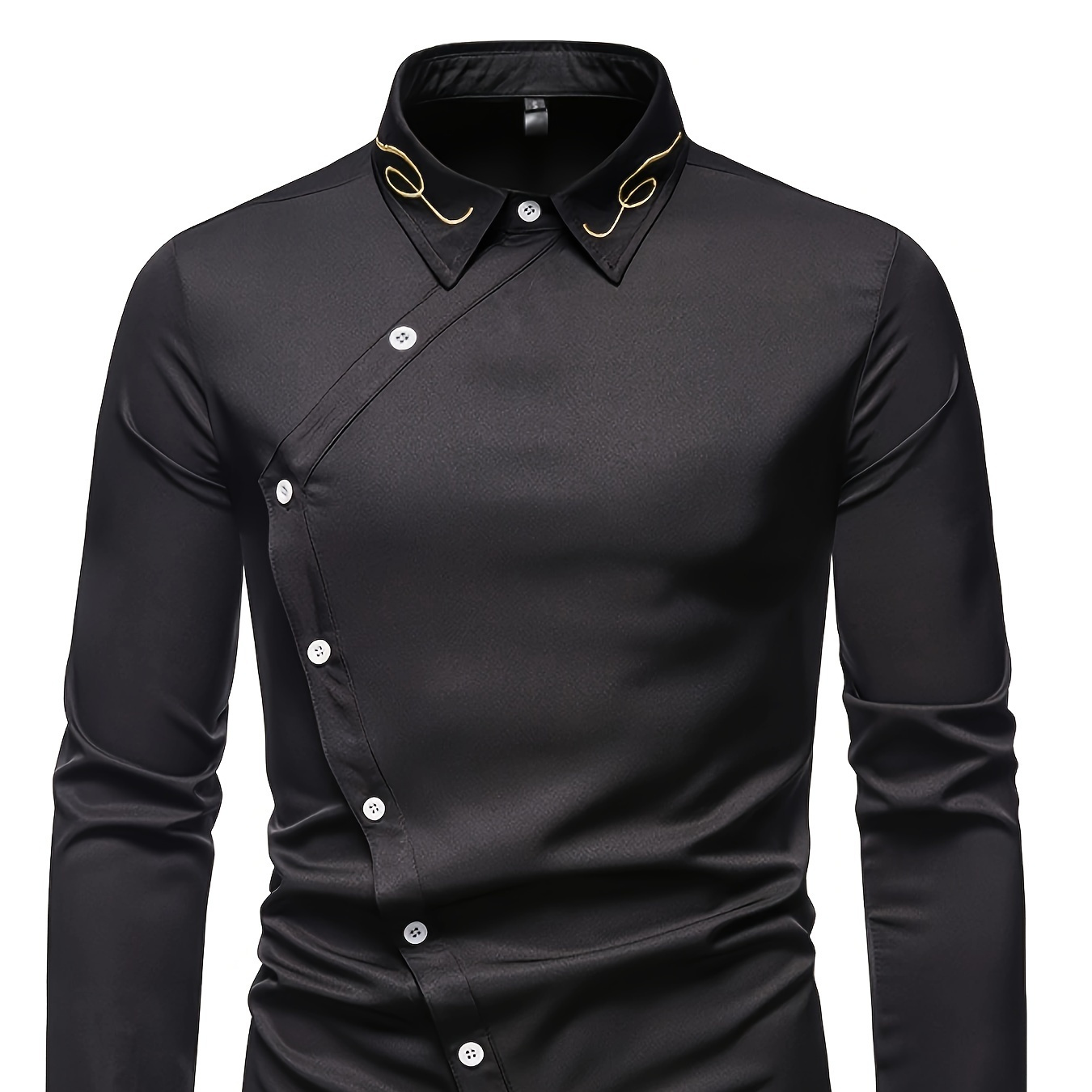 

Embroidery Design Men's Stylish Asymmetrical Slim Long Sleeve Single Breast Shirt With Button, Banquet Wedding