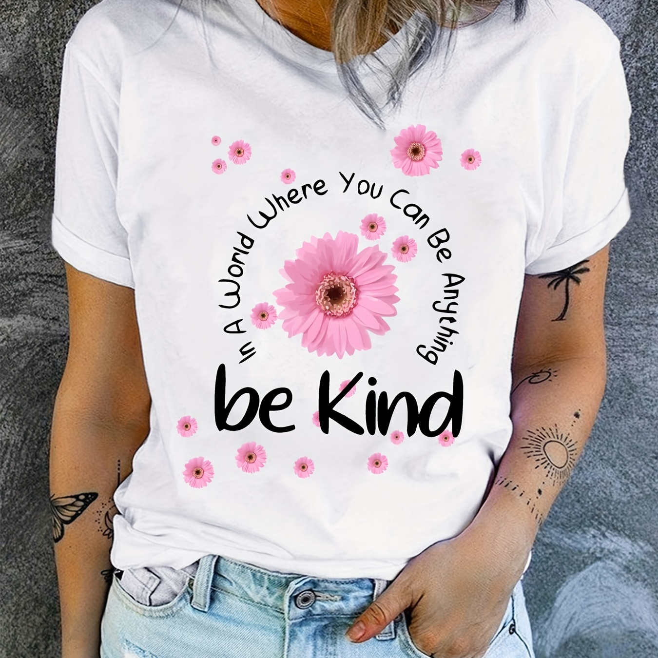 

Flowers & Letter Print T-shirt, Casual Crew Neck Short Sleeve Be Kind T-shirt, Women's Clothing