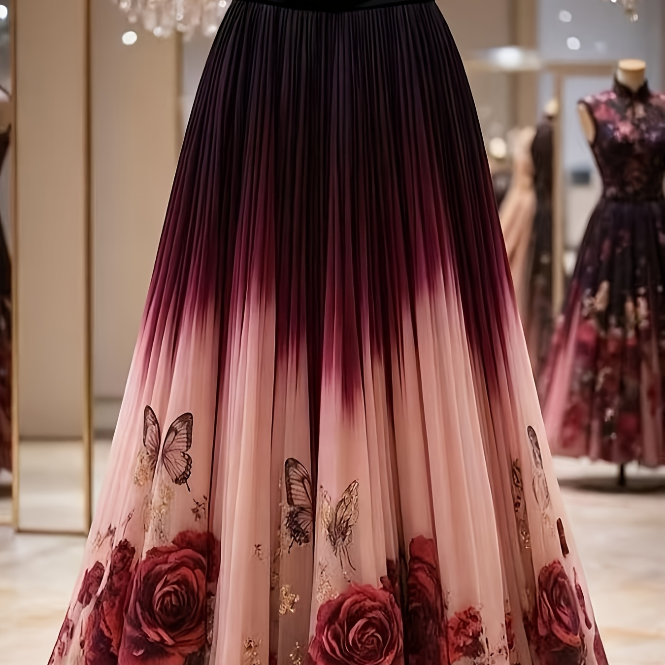 Burgundy/Pink Ombre Rose Pleated Maxi Skirt