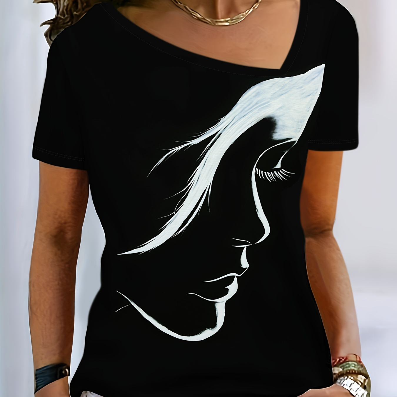 

Figure Print V Neck T-shirt, Casual Short Sleeve Asymmetrical T-shirt For Spring & Summer, Women's Clothing