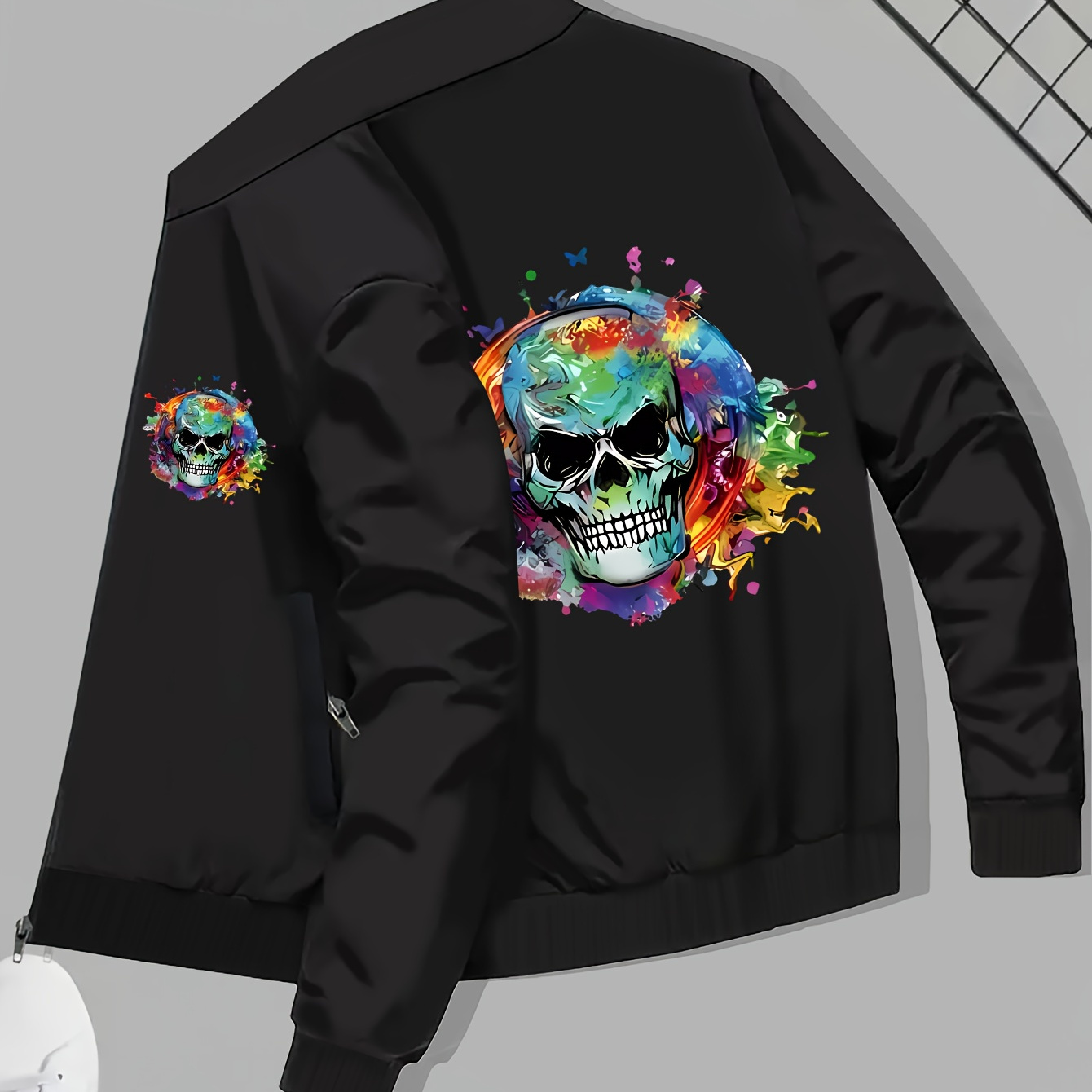 

Plus Size Colourful Skull Print Men's Solid Zip Up Lapel Jacket With Side Pockets, Comfy Slightly Stretch Casual Coats, Men's Clothings