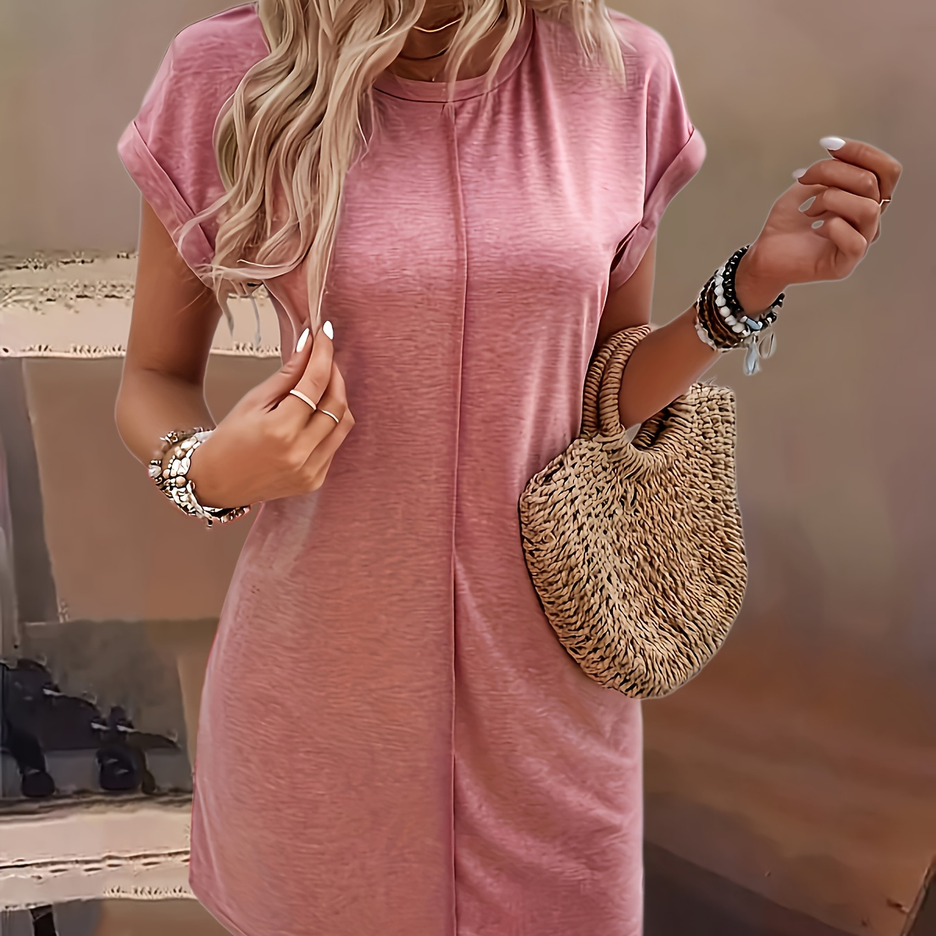 

Top-stitching Crew Neck Dress, Casual Short Sleeve Shift Dress For Spring & Summer, Women's Clothing