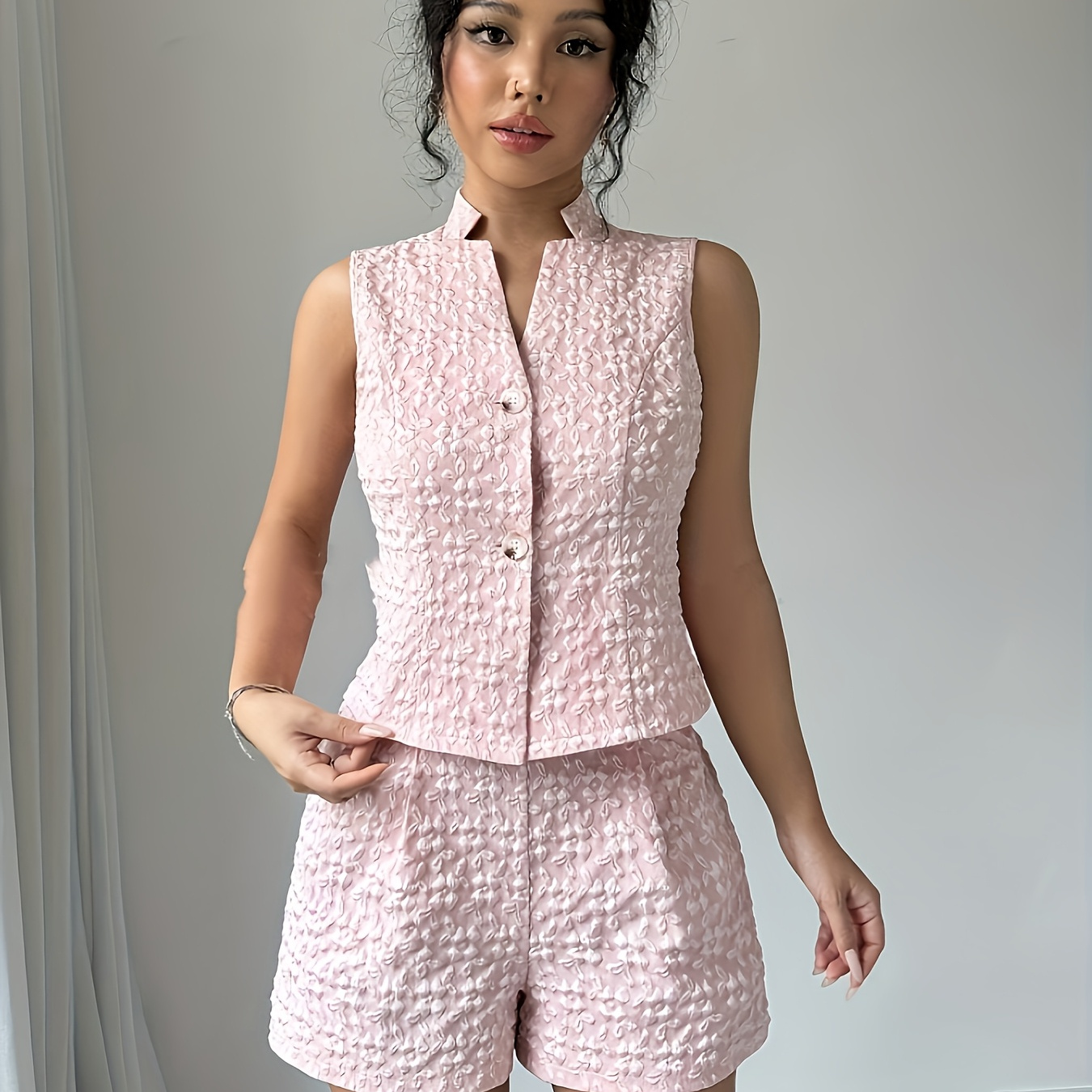 

Chic & Elegant Women's Casual Two-piece Set - Sleeveless V-neck Button-up Top & High-waisted Shorts In Pink, 100% Polyester, Spring/summer, Casual Wear Set|sleeveless Fashion|textured Clothing