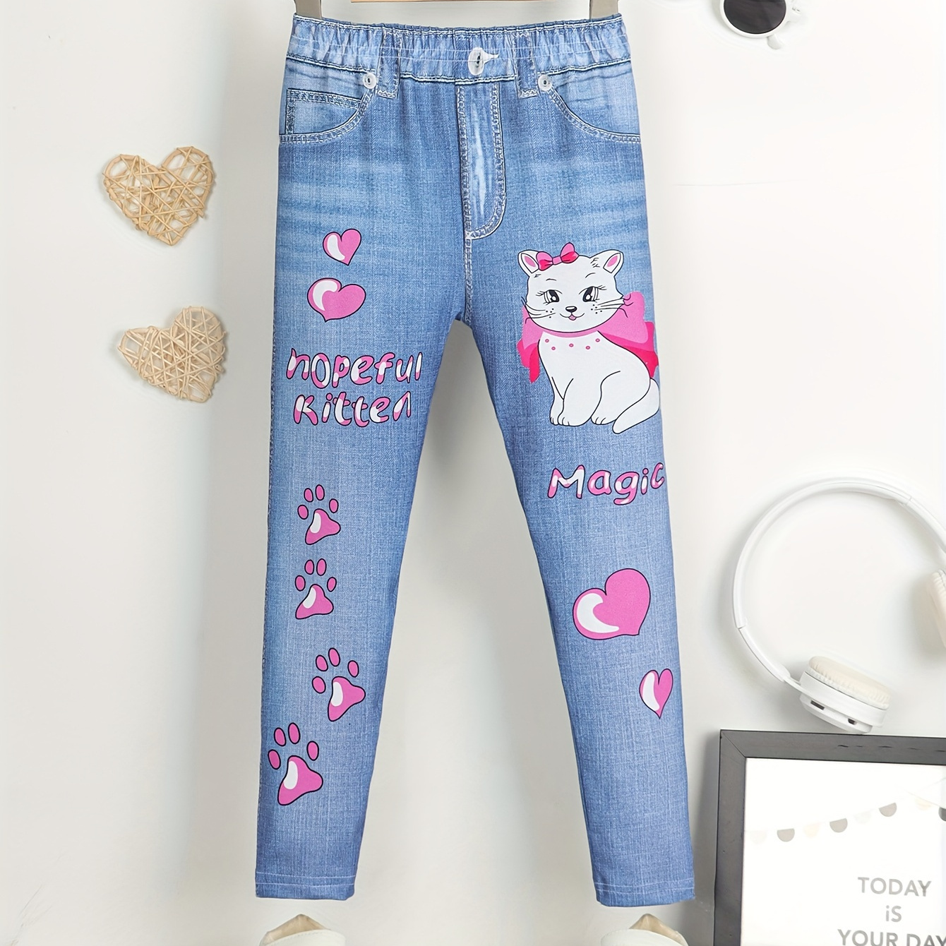 Girls' Cartoon Cat And Heart Print Imitation Denim Print Allover Print Pants For Autumn, Keep Your Little One Cute & Stylish