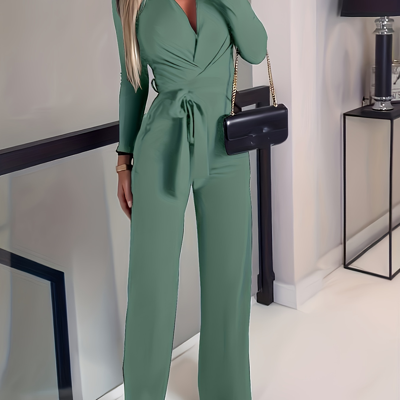 

Solid Color V Neck Jumpsuit, Casual Long Sleeve Slim Jumpsuit For Spring & Fall, Women's Clothing