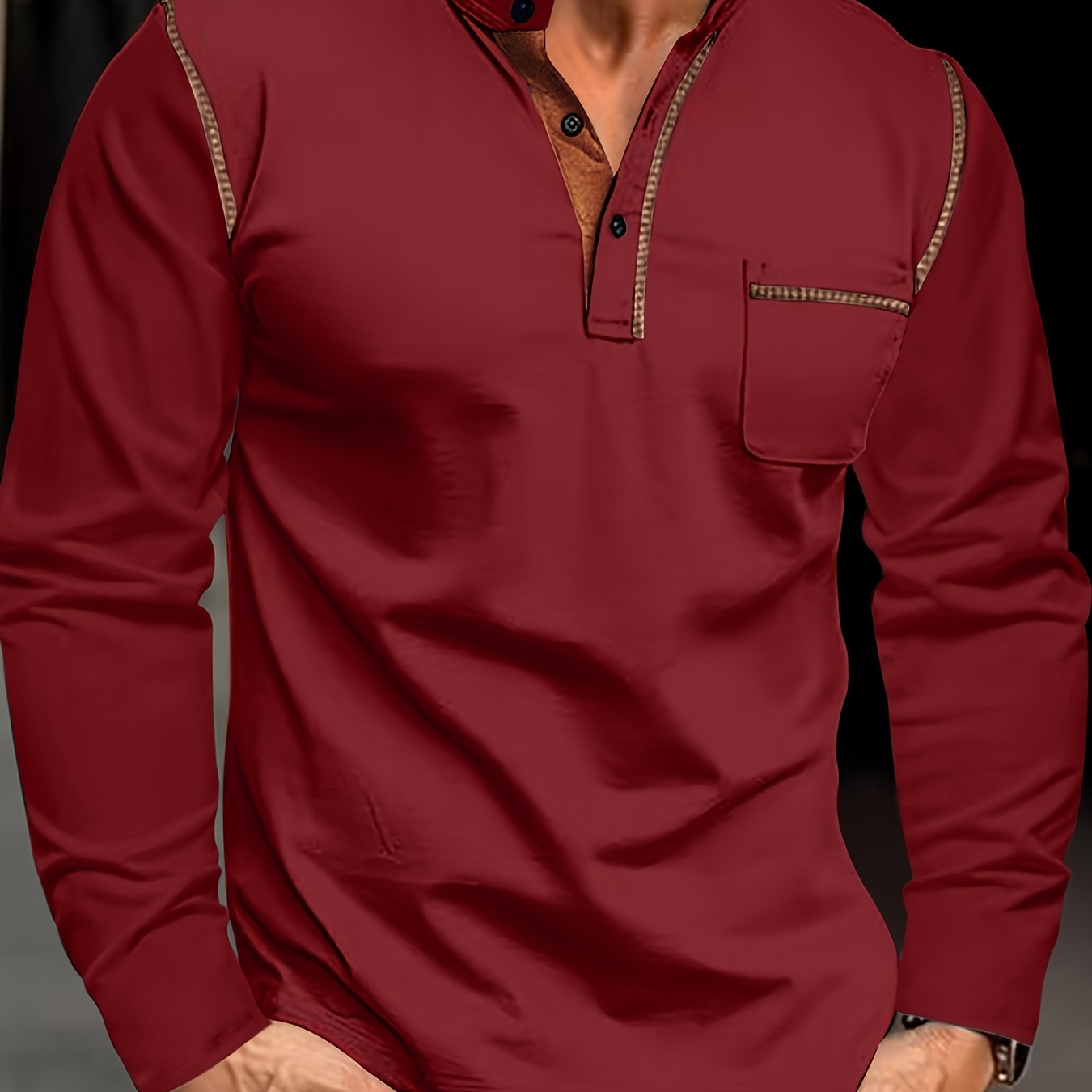 

Men's Long Sleeve Quarter-button Shirt, Solid Color, Casual Sports Style, Crew Neck, Spring/