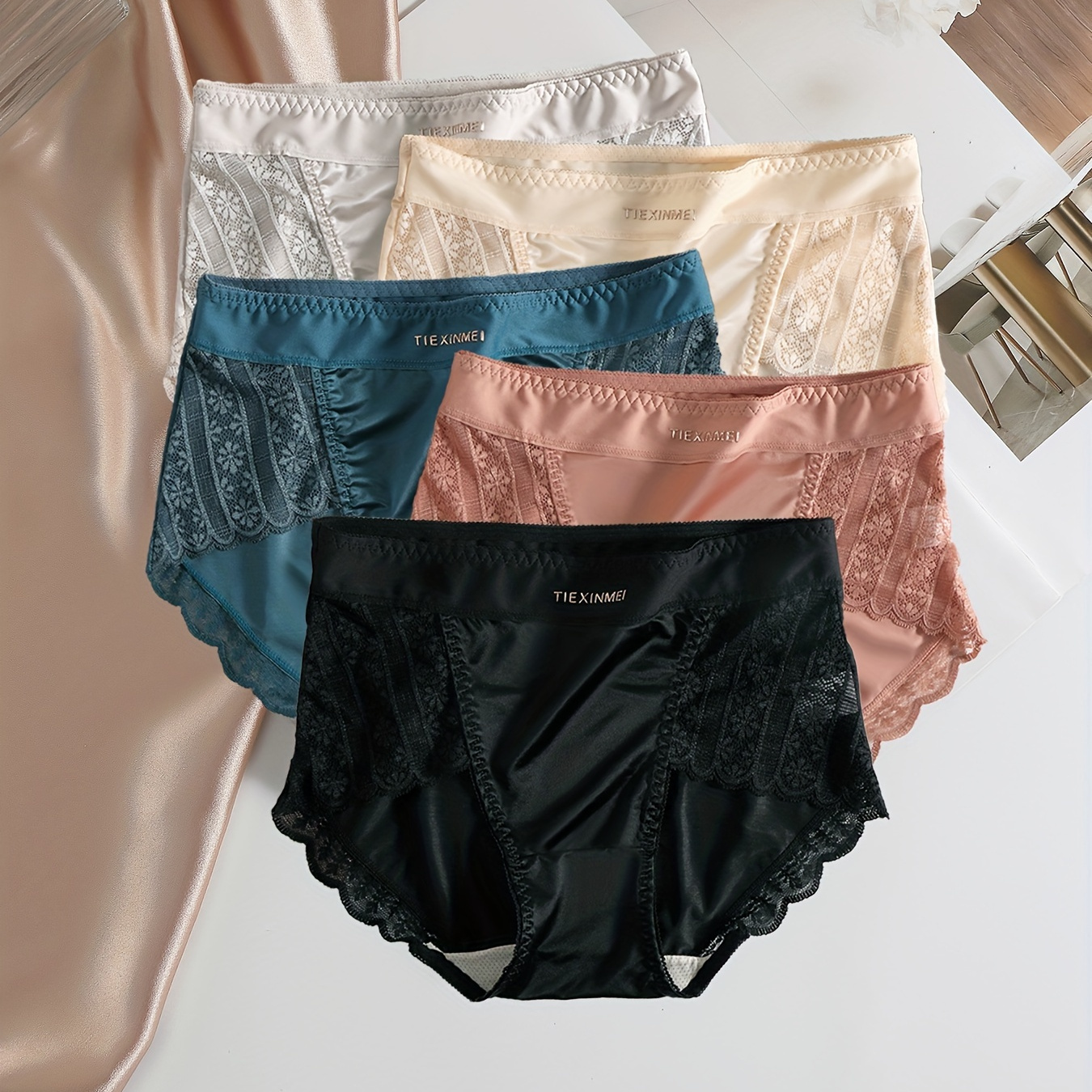 

5 culottes en dentelle de satin solide, culottes intimes élégantes, confortables, respirantes et extensibles, lingerie et sous-vêtements pour femmes.