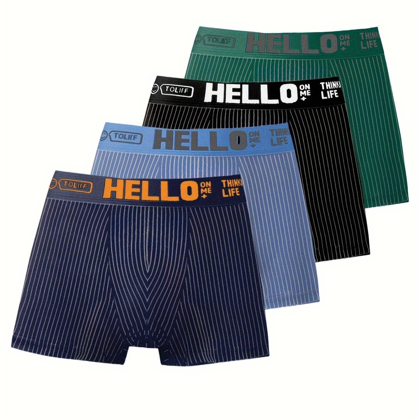 

4pcs Hello Men's Stiped Cotton Boxer Briefs, Breathable Comfy Boxer Trunks, Elastic Sports Shorts, Men's Casual & Durable Underwear Daily Wear