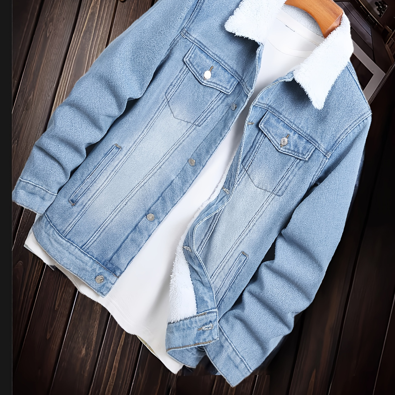 

Men's Warm Fleece-lined Denim Jacket - Casual, Non-stretch, Machine Washable With Lapel Collar