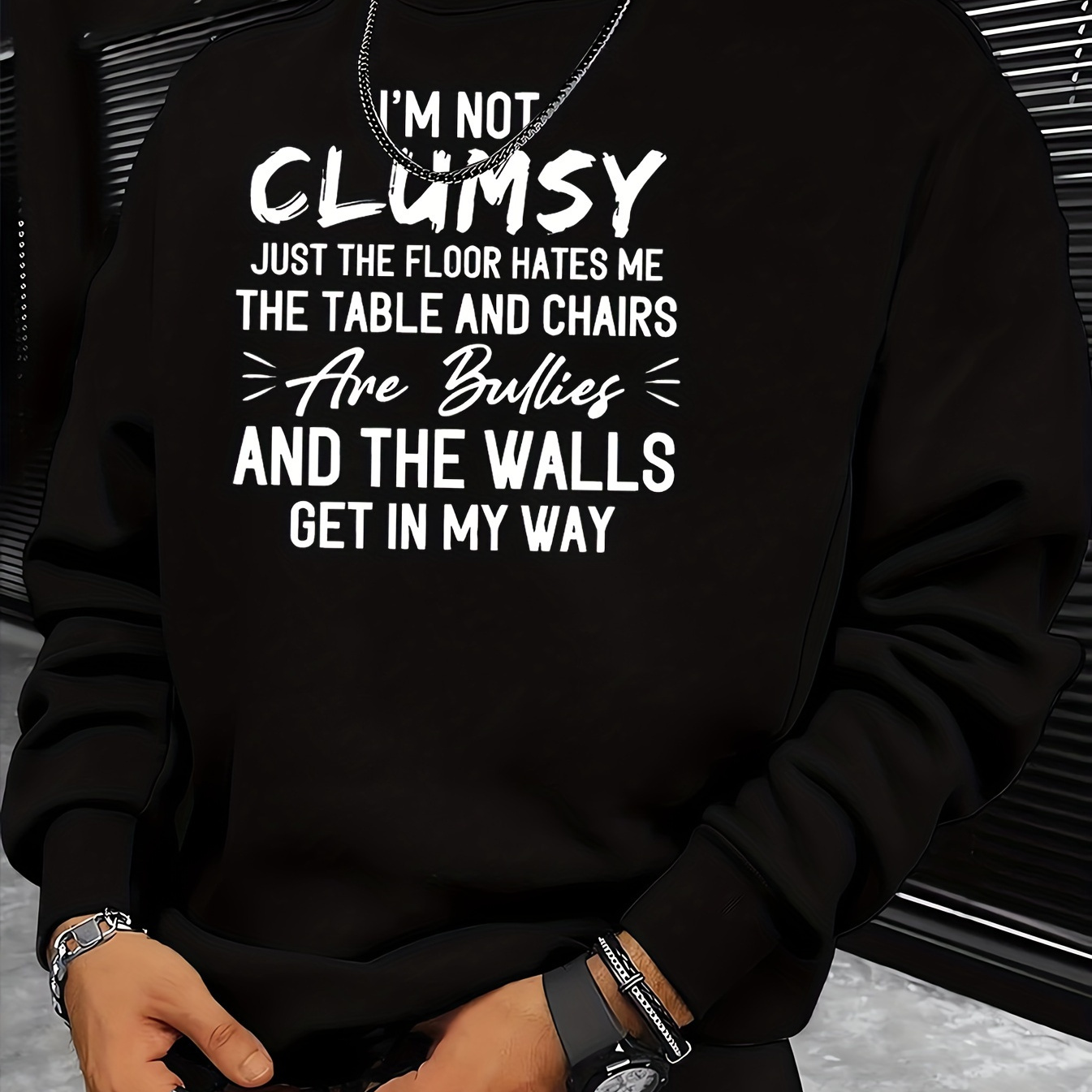 

I'm Not Clumsy Print, Sweatshirt With Long Sleeves, Men's Casual Creative Graphic Design Slightly Flex Crew Neck Pullover For Spring Fall And Winter
