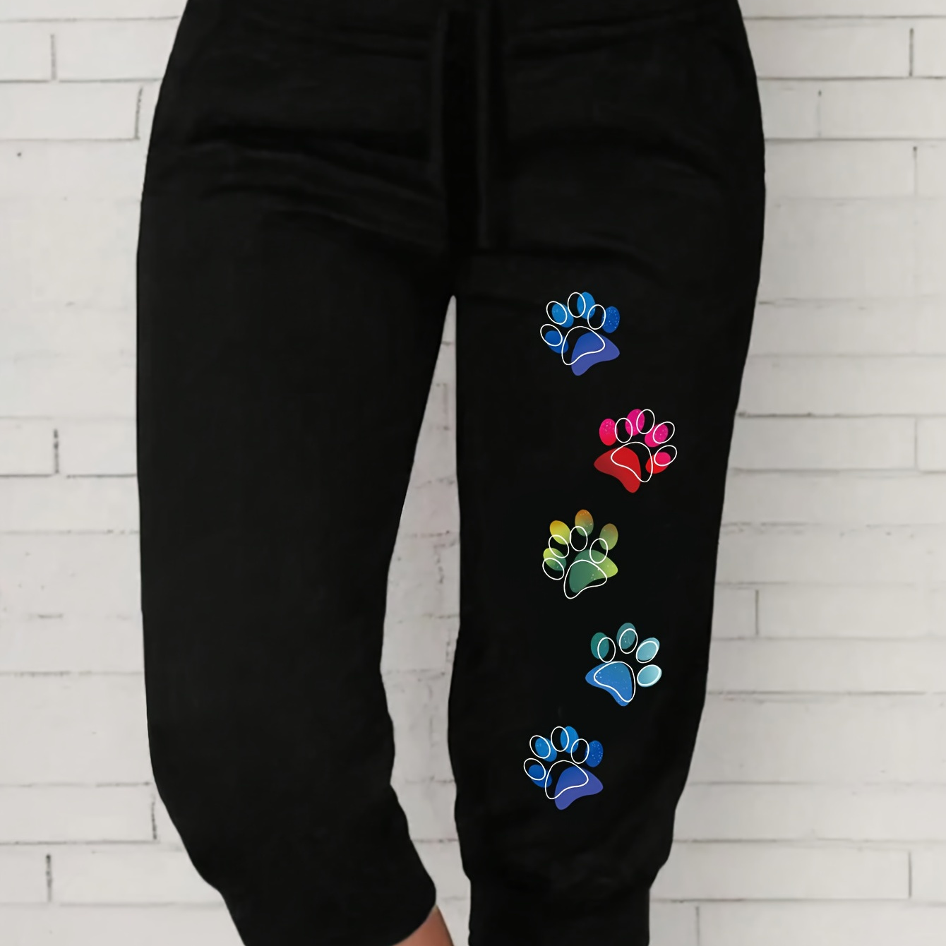 

Plus Size Paw Print Capri Pants, Casual Waist Pants For , Women's Plus Size Clothing