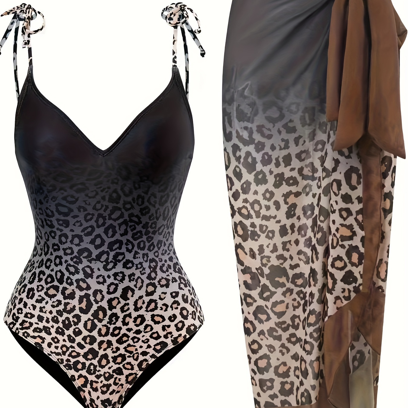 

Leopard Ombre Print V Neck Tie Shoulder Tummy Control One-piece Bathing-suit With Cover Up Chiffon Skirt 2 Piece Set Plus Size Swimsuits For Women