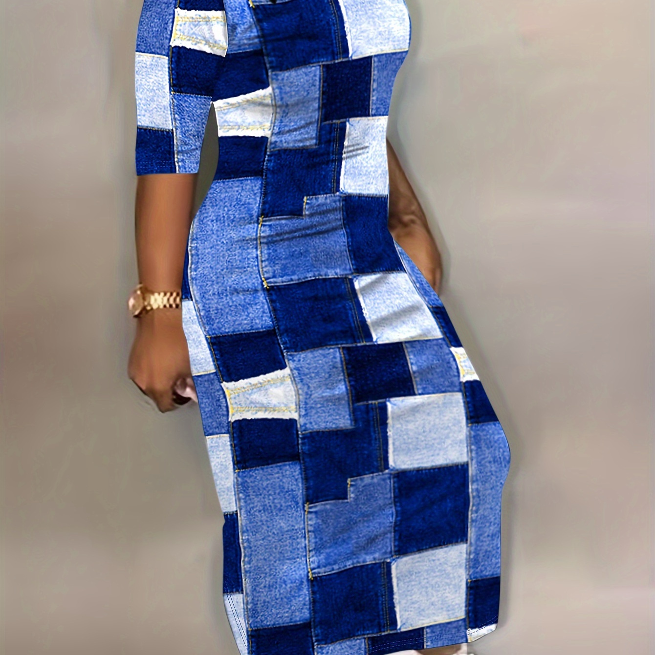 

Plus Size Plaid Print Dress, Casual Short Sleeve Crew Neck Dress For Spring & Summer, Women's Plus Size clothing