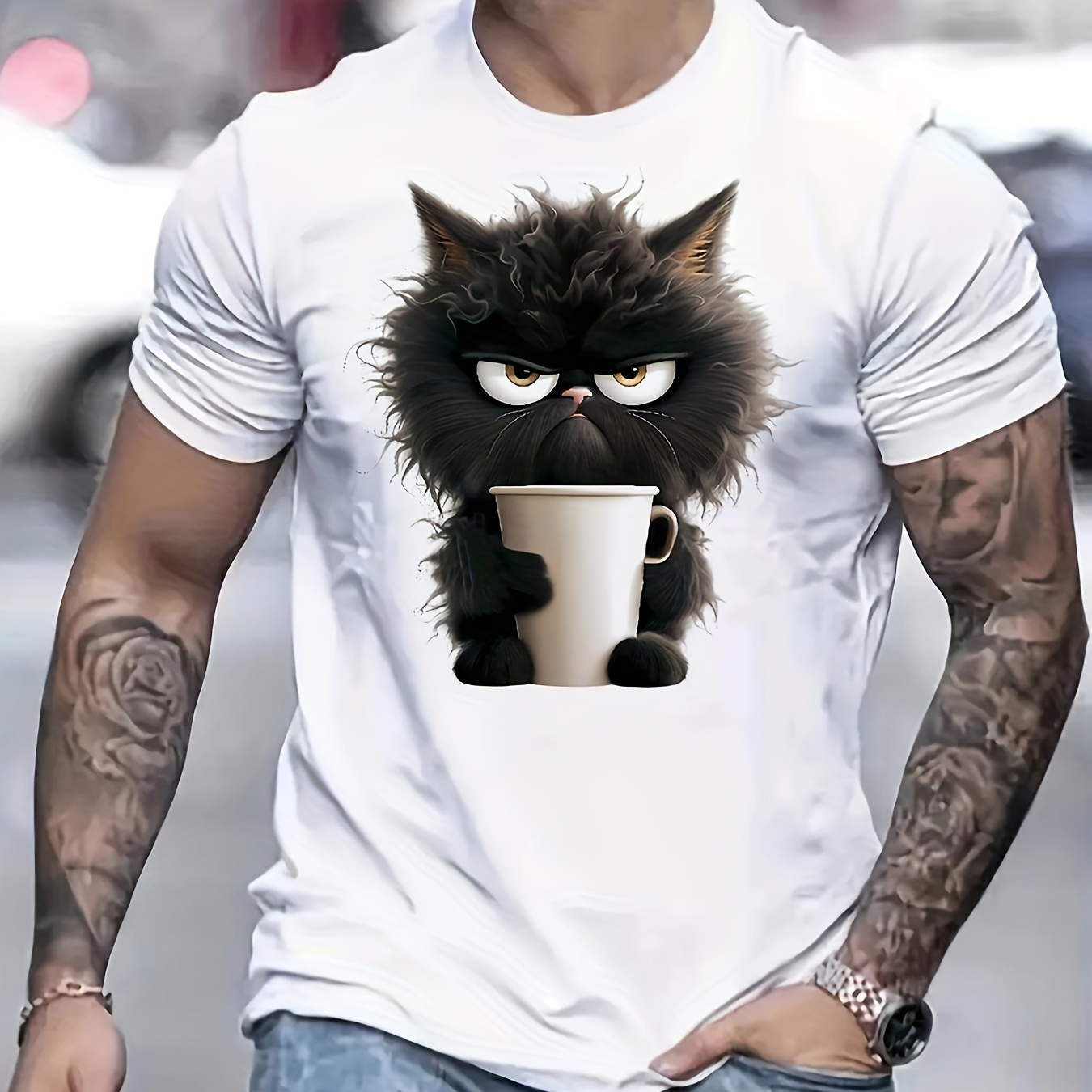 

Men's Cartoon Style Angry Cat With A Cup Pattern Print Crew Neck And Short Sleeve T-shirt, Casual And Stylish Tee For Men, Funny Tops Suitable For Summer Leisurewear