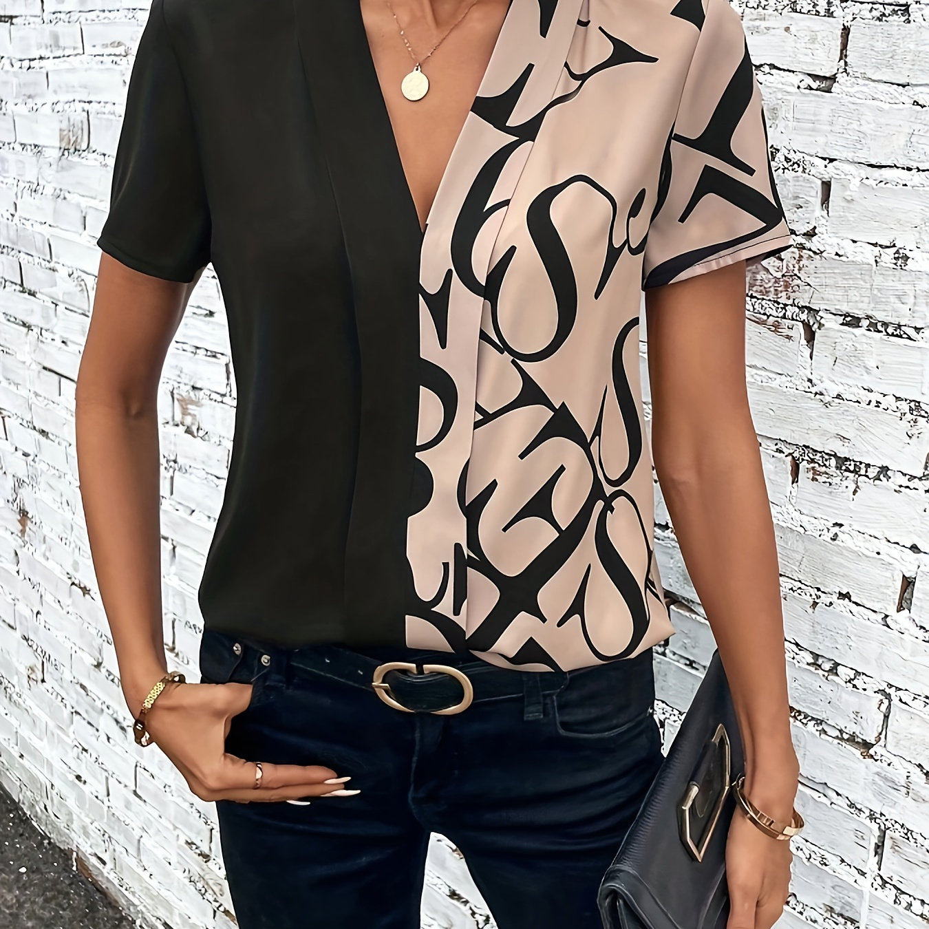 

Color Block V Neck Blouse, Elegant Short Sleeve Top For Spring & Summer, Women's Clothing