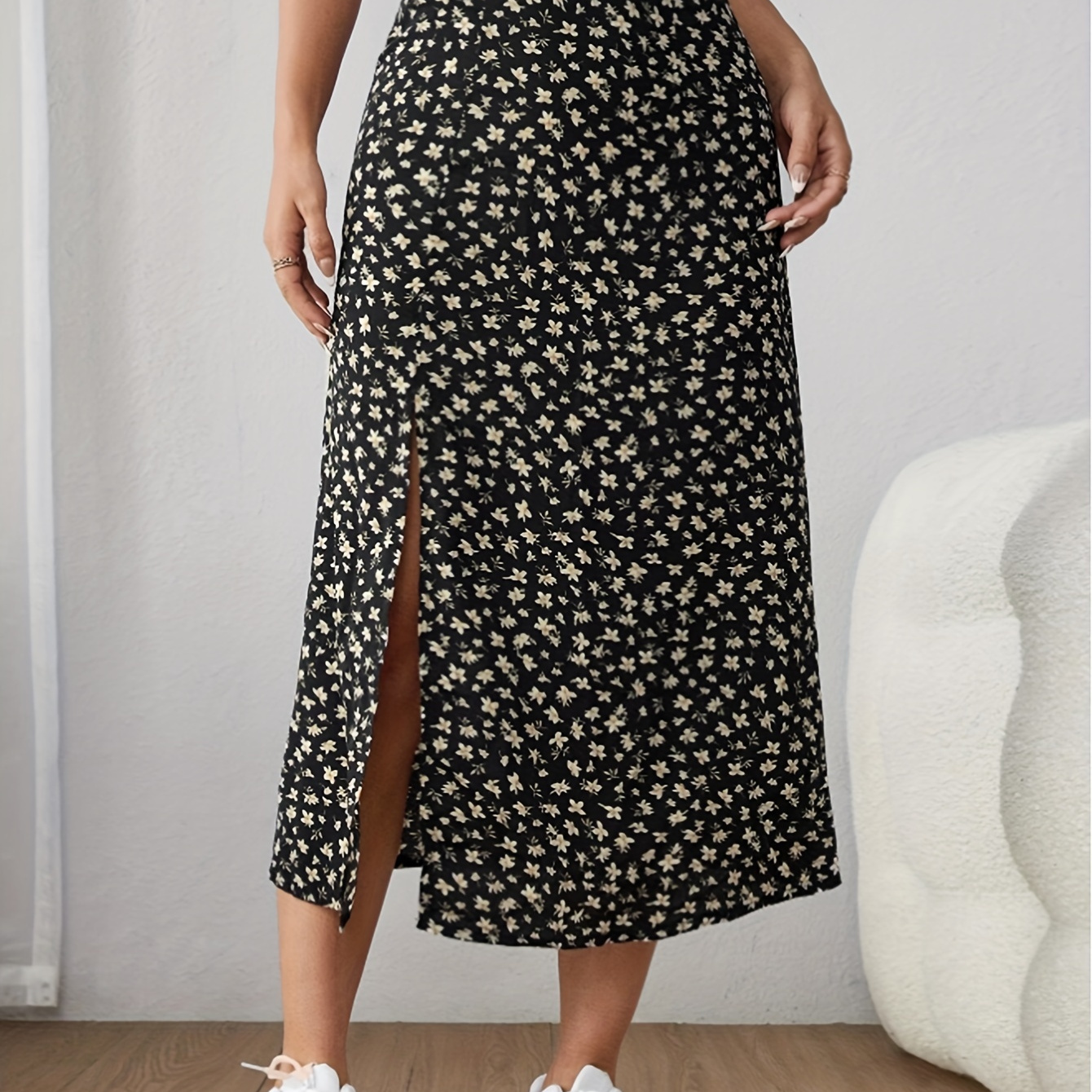 

Floral Print High Waist Skirt, Casual Split Hem Midi Skirt For Spring & Summer, Women's Clothing