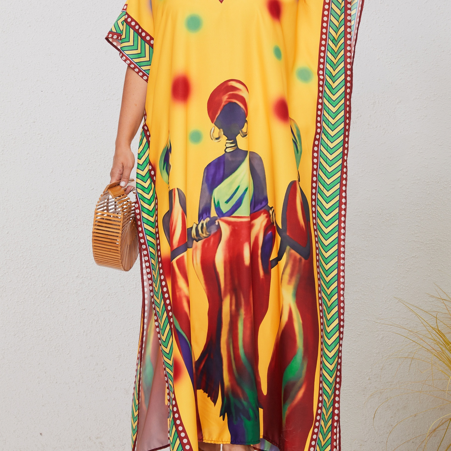 

Size V-neck Kaftan Dress With Tribal Print, Short Sleeves & Side Slit - Machine Washable