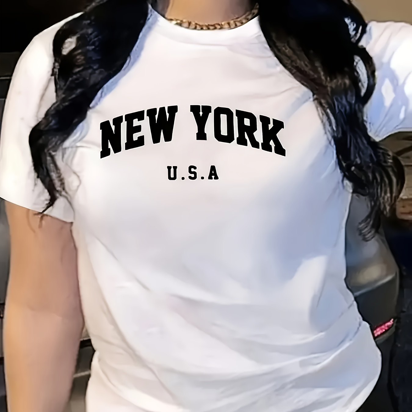 

Women's Fashion T-shirt, "new York U.s.a" Letter Print, Soft Breathable Short Sleeve, Loose Fit, Round Neck, Casual Spring/summer/autumn Top, Polyester Knit Fabric, Regular Length, Sleeve Style