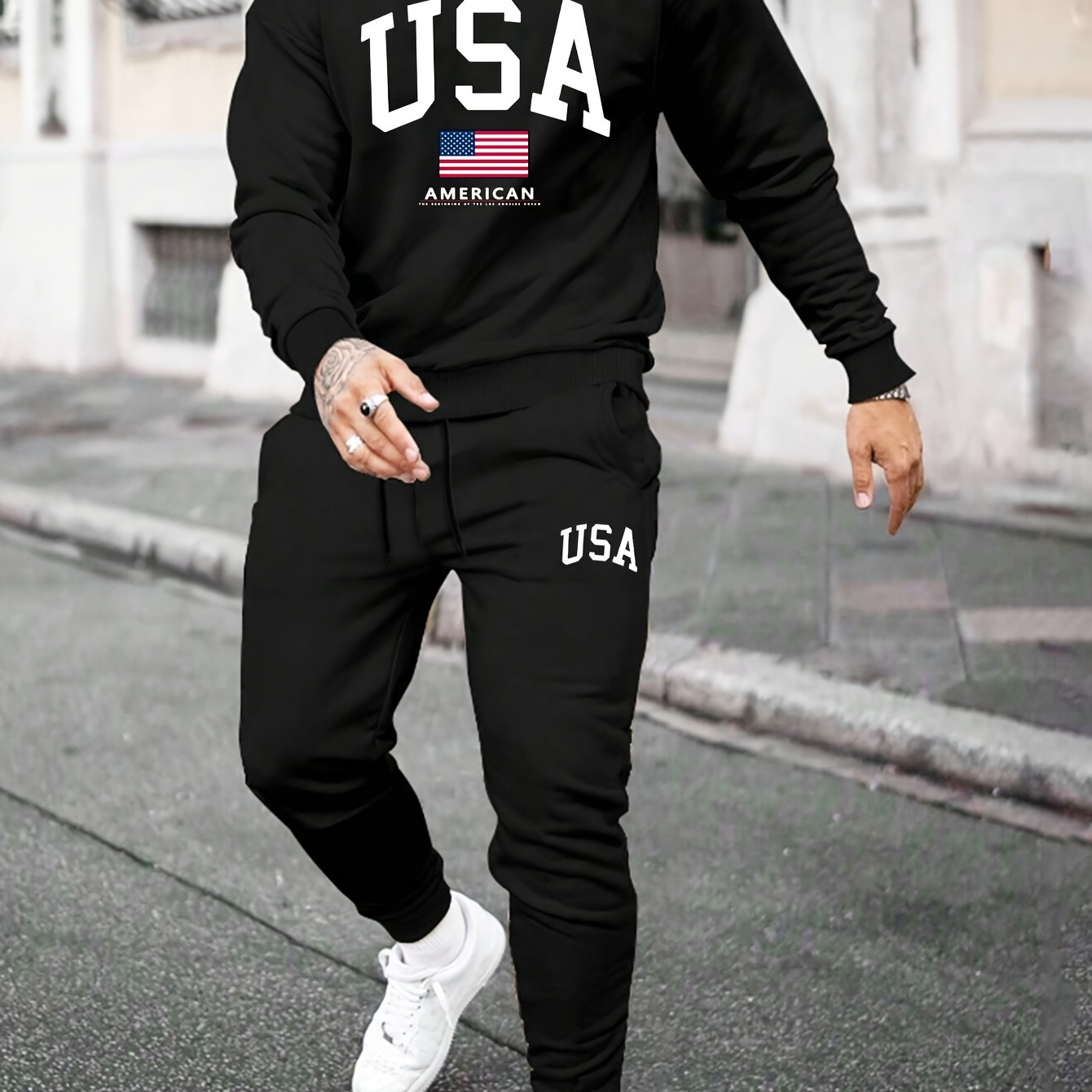 

1set Usa Printed - Polyester Athletic Streetwear Pattern, Round , Fit & Sweatpants For /