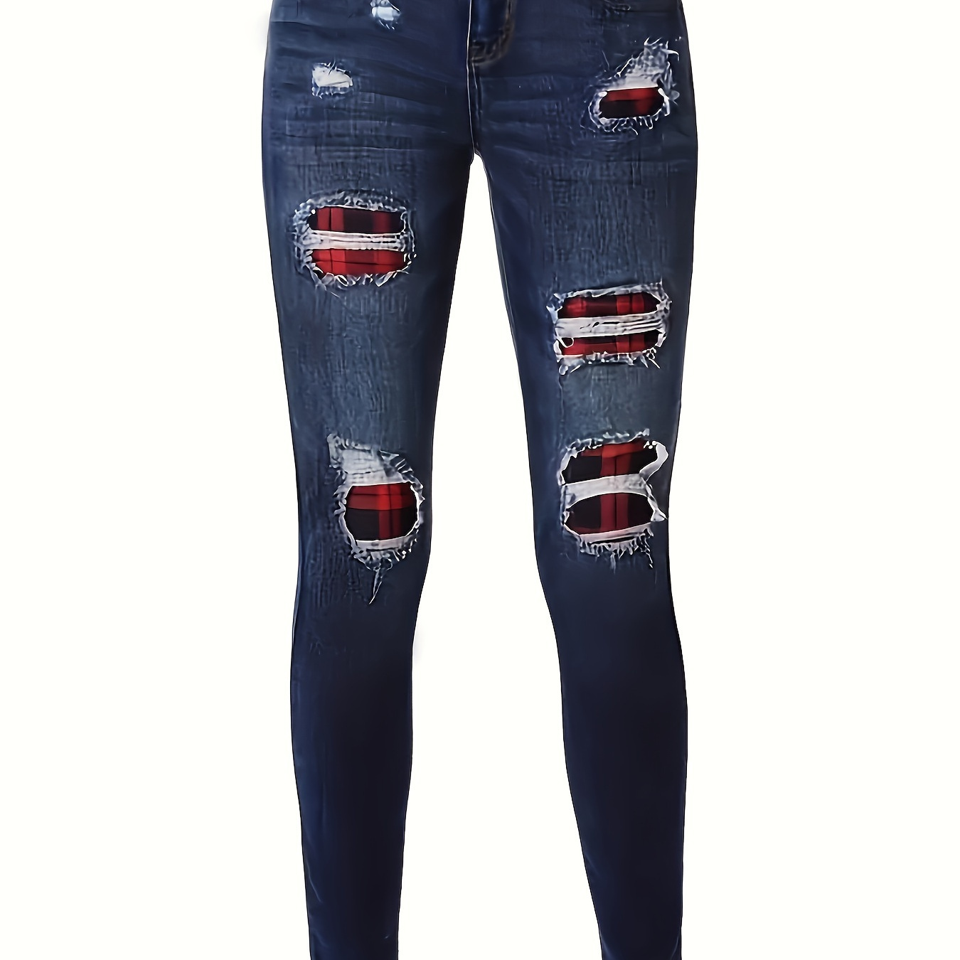 

Christmas Plaid Patchwork Skinny Jeans, Slim Fit Slant Pockets Stretchy Tight Jeans, Women's Denim Jeans & Clothing