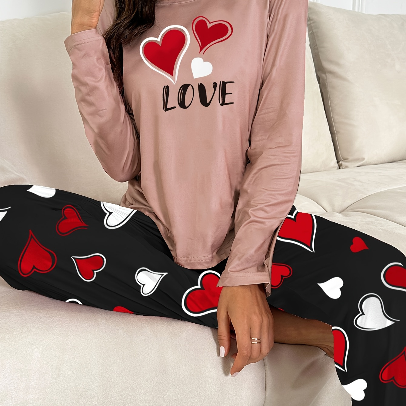 

& Letter Pajama Set, Long Sleeve Round Neck Top & Pants, Comfortable Relaxed Fit For Fall