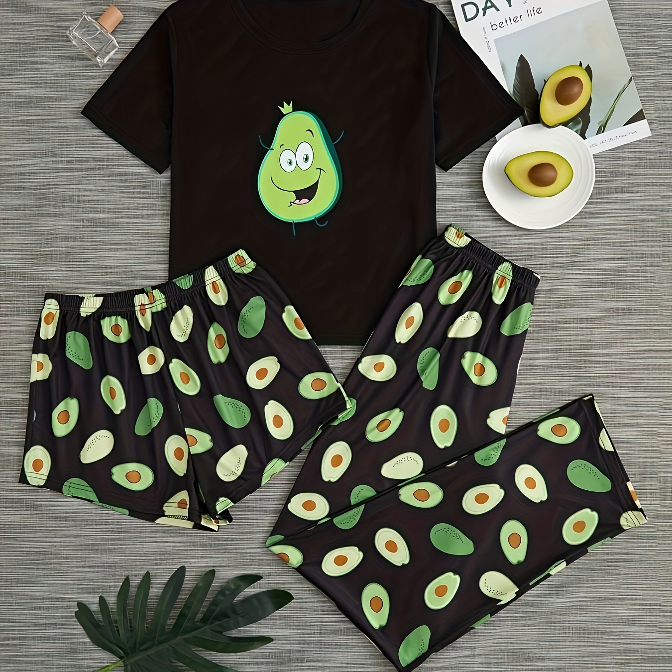 

Women's Cute Cartoon Avocado Print Pajama Set, Short Sleeve Round Neck Top & Shorts & Pants, Comfortable Relaxed Fit