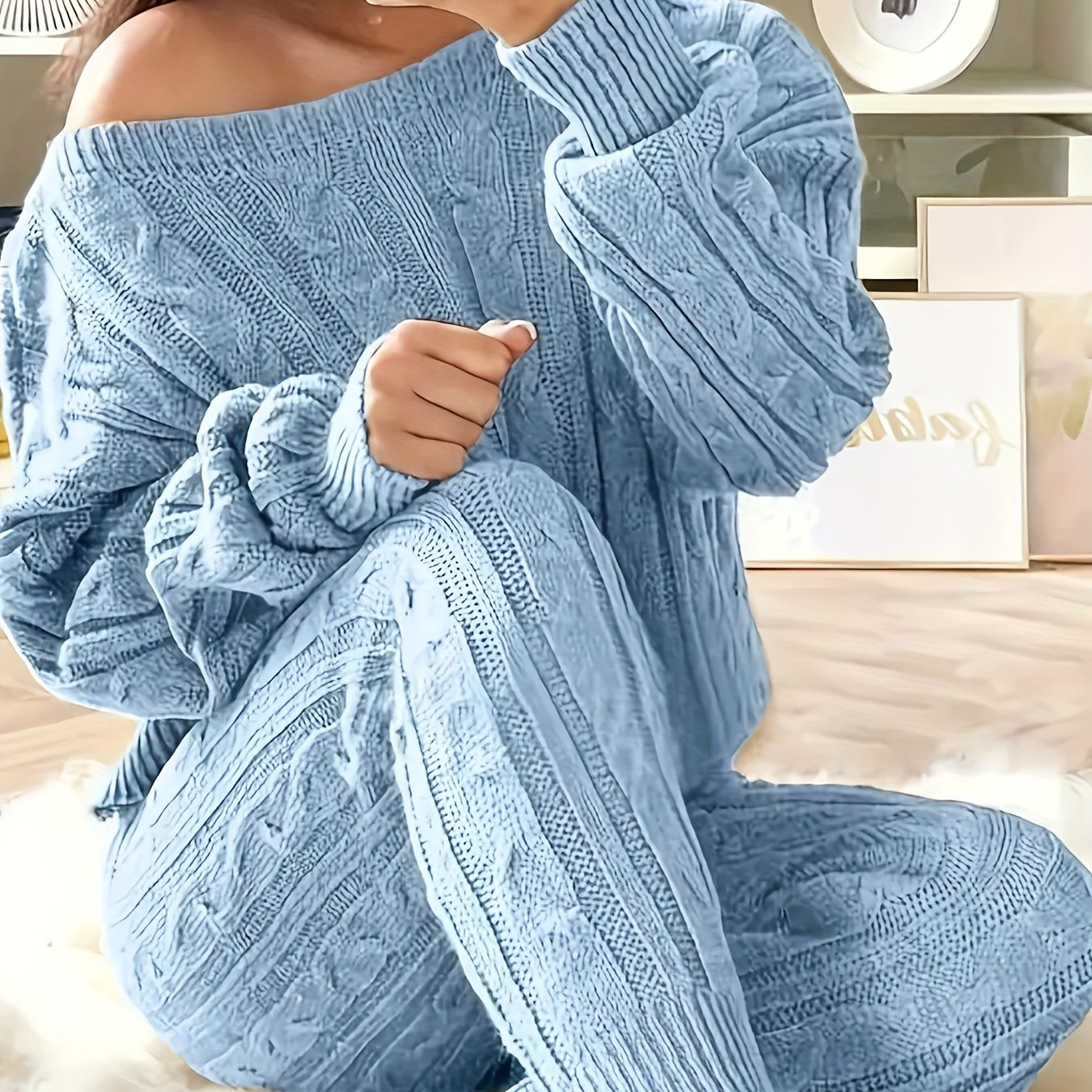 

[ ] Women's Chic One-shoulder Cable Knit Sweater Set - Elegant Light Blue With Stretchy Ribbed Pants - Cozy Polyester, Long Sleeve, Round Neck - Spring/fall Casual Wear