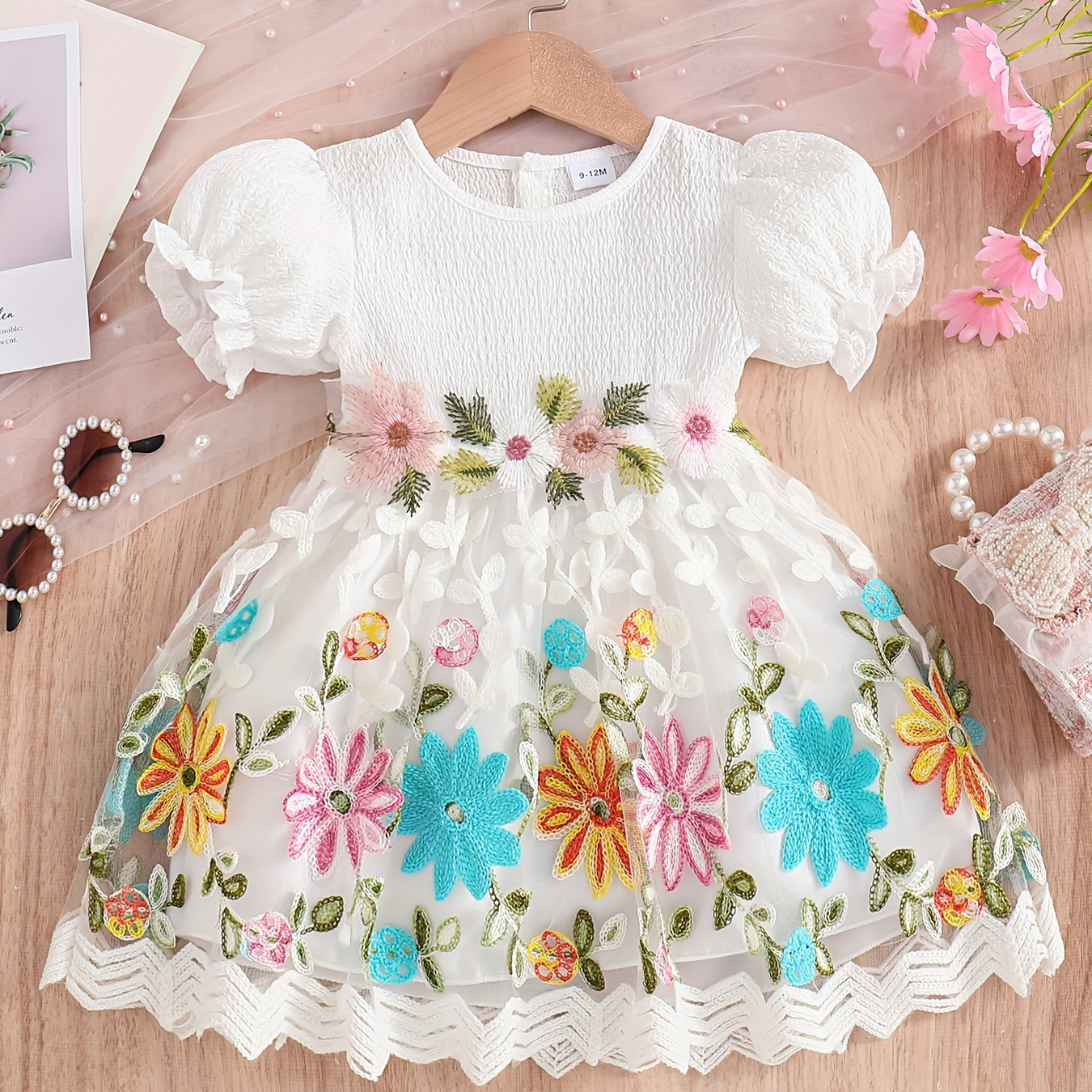 

Baby's Colorful Flower Embroidered Mesh Splicing Dress, Elegant Puff Sleeve Dress, Infant & Toddler Girl's Clothing For Summer/spring, As Gift