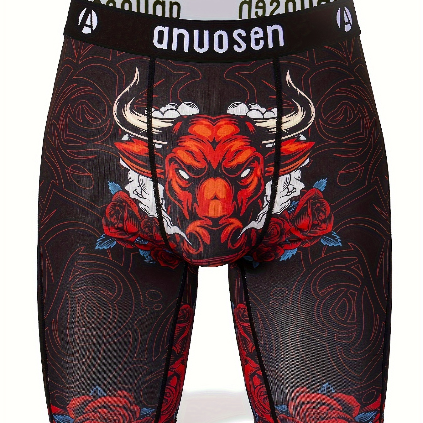 

Chinese Style Men's Rose Bull Head Print Fashion Sports Long Boxer Briefs Shorts, Moisture Wicking Breathable Comfy Anti-wear Quick Drying Boxer Trunks, Men's Novelty Graphic Underwear