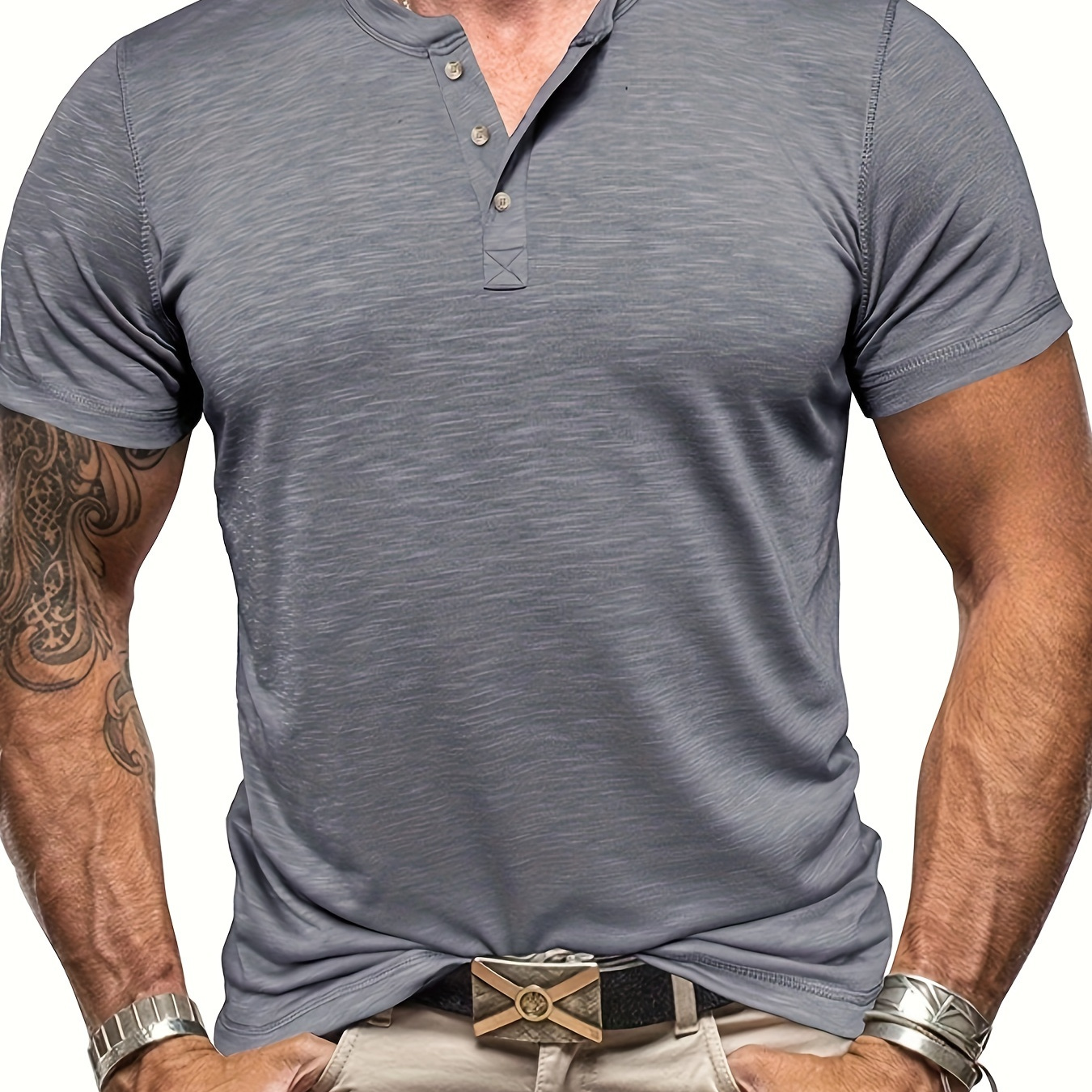 

Men's Solid Henley Shirt, Casual Cotton Blend Slim-fit Crew Neck Short Sleeve Shirt For Outdoor Activities