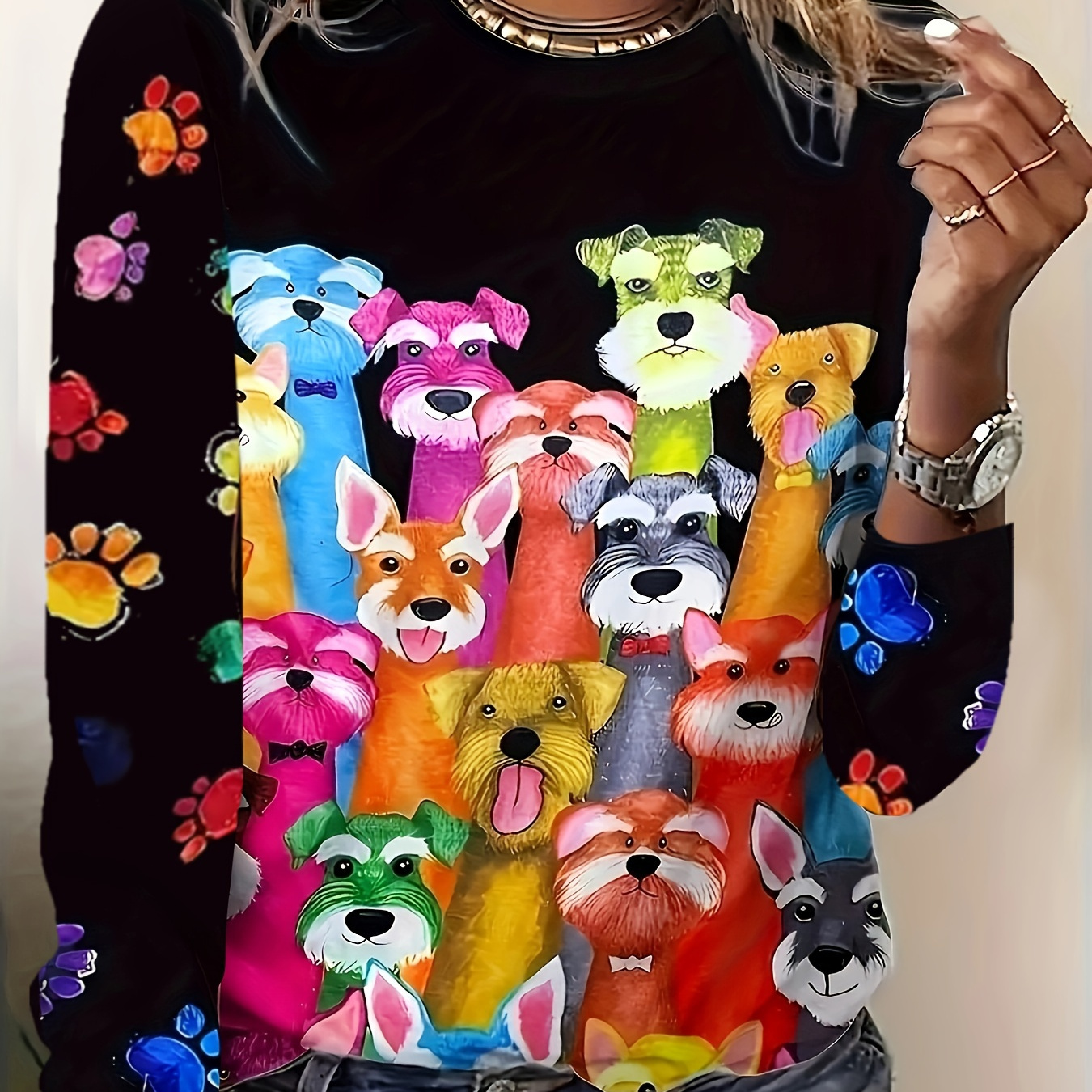 

Dogs Print Crew Neck T-shirt, Casual Long Sleeve T-shirt For Spring & Fall, Women's Clothing