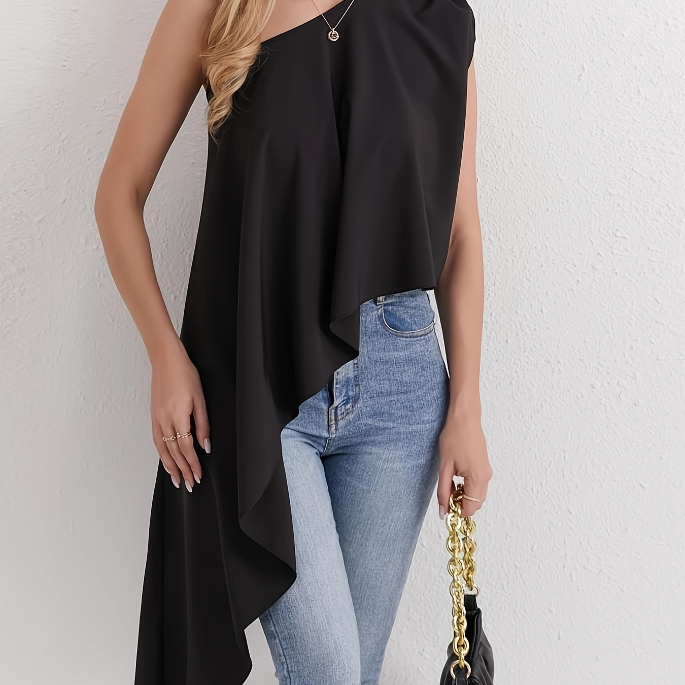 

Solid Color Cold Shoulder Blouse, Elegant Batwing Sleeve Asymmetrical Hem Blouse For Spring & Summer, Women's Clothing