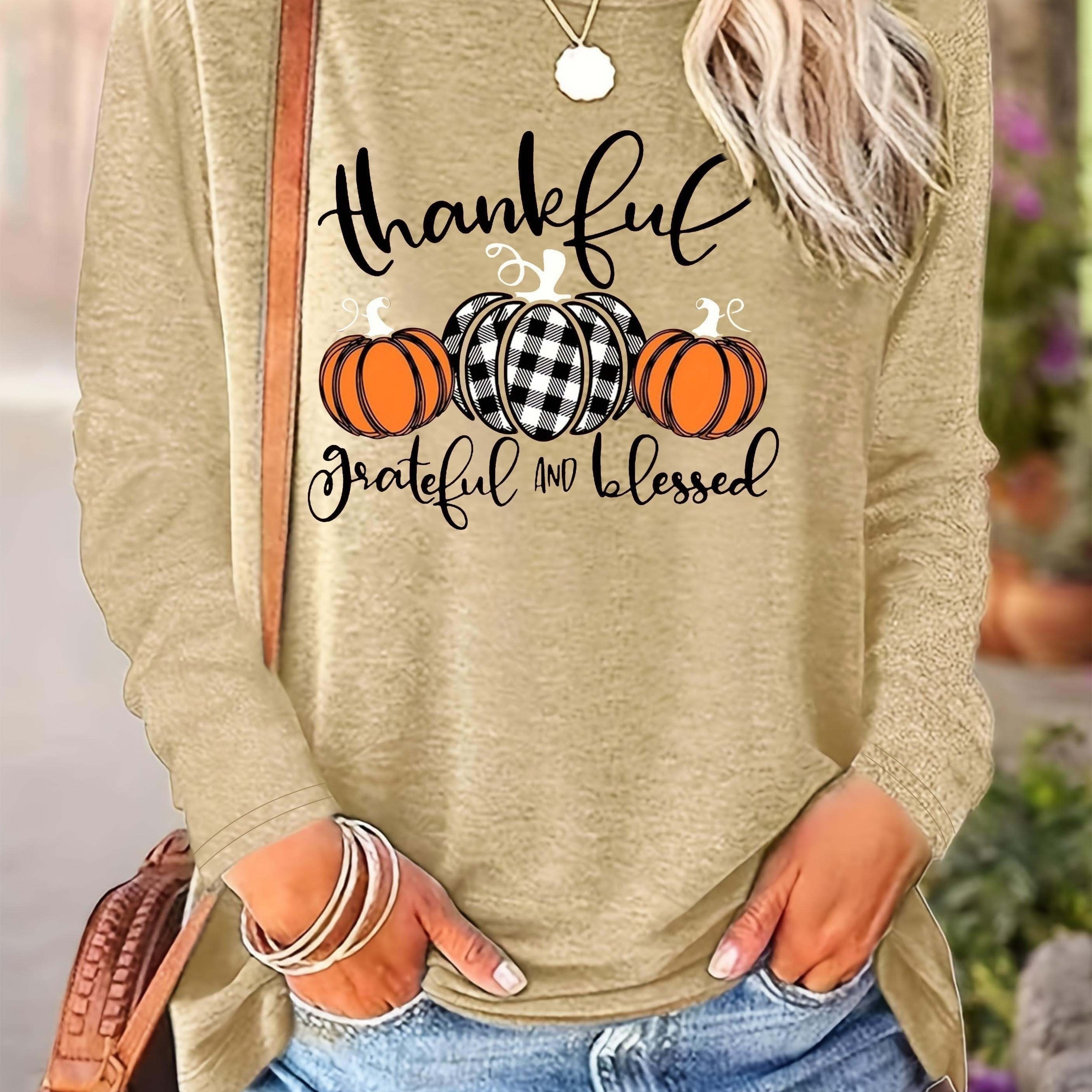 

Pumpkin Neck T-shirt, Casual Long Sleeve T-shirt For Spring & Fall, Women's Clothing