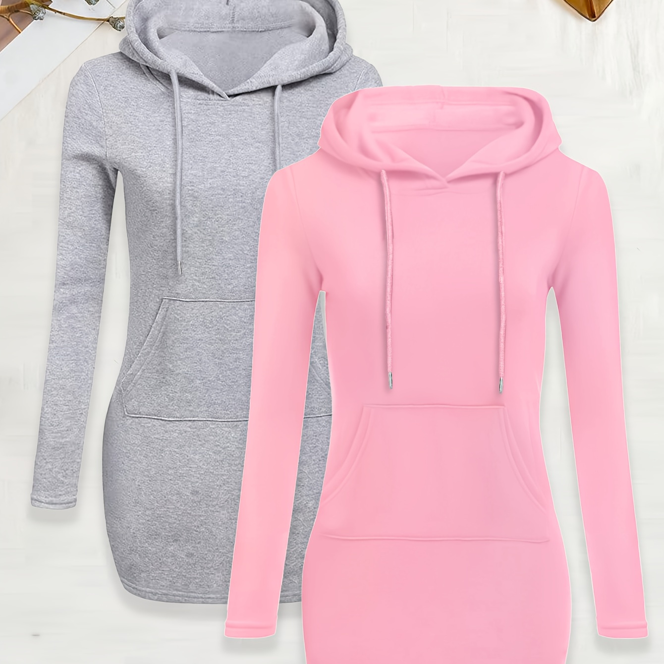 

2-pack Women's Casual Polyester Sweatshirt Dresses With Hood - 95% Polyester 5% Spandex Knit Fabric, Solid Color, Adult Spring/fall Collection